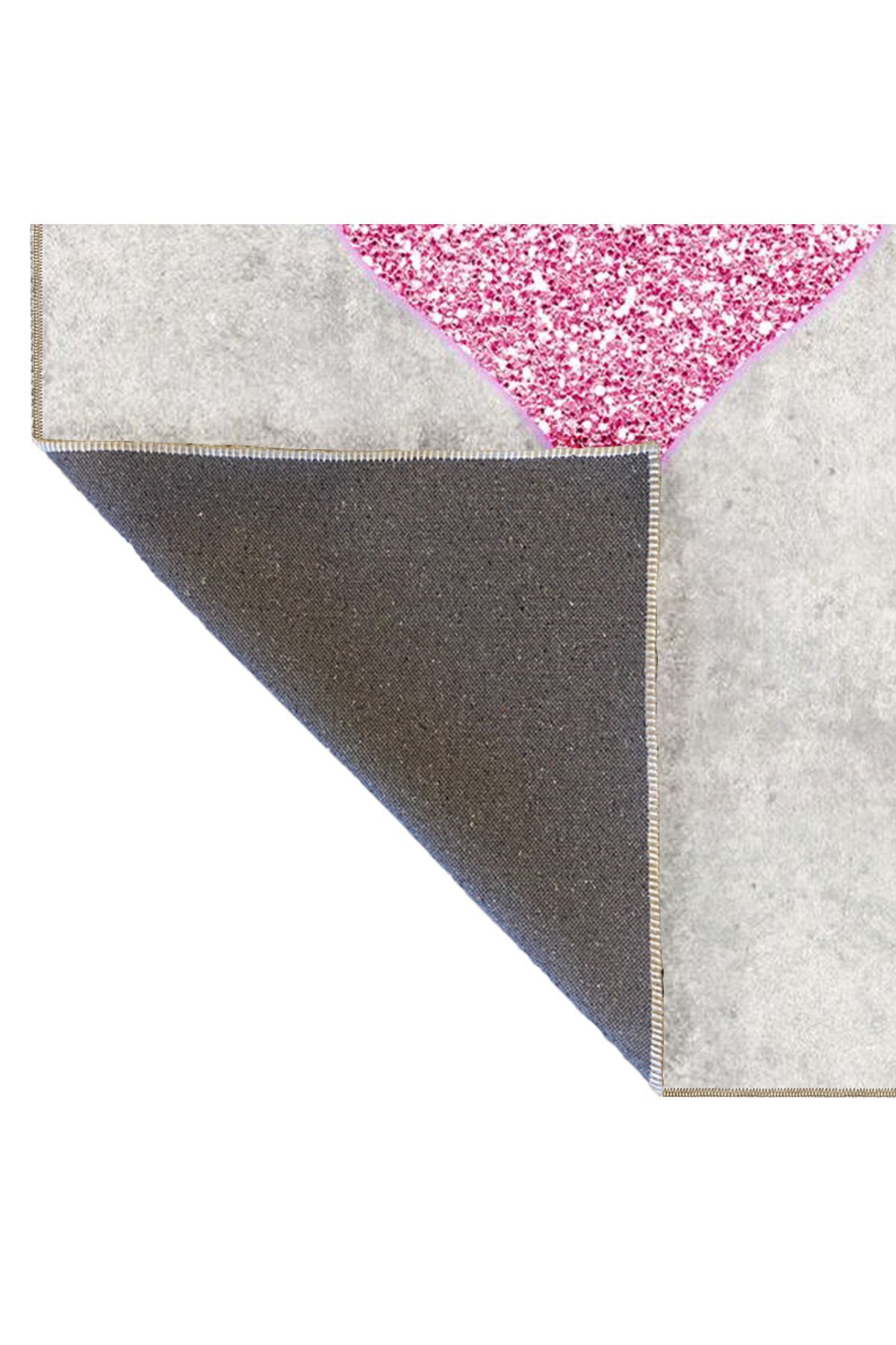 Gri Temalı Pembe Kalp Desenli Kreatif Modern Dekoratif Halı 4981