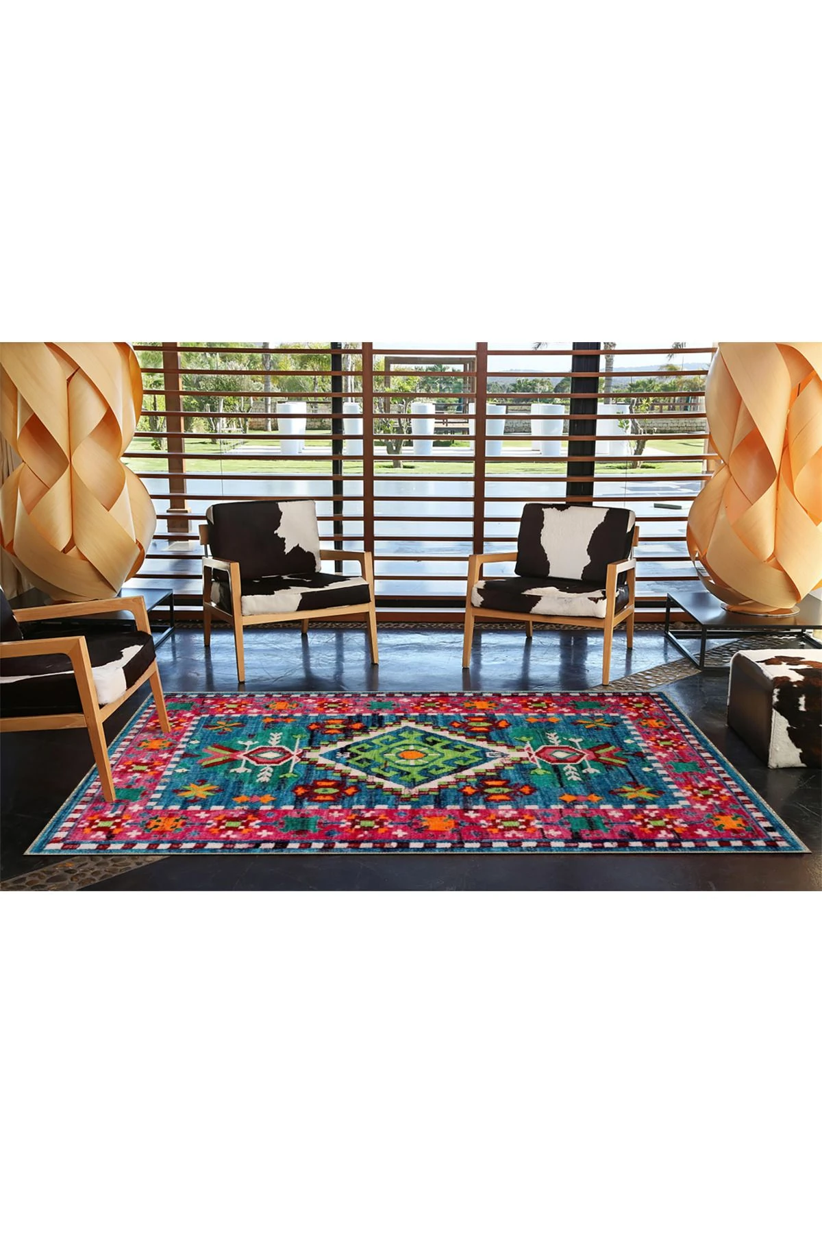 Pembe Mavi Temalı Geleneksel Motif Etnik Desenli Vintage Dekoratif Halı 3598