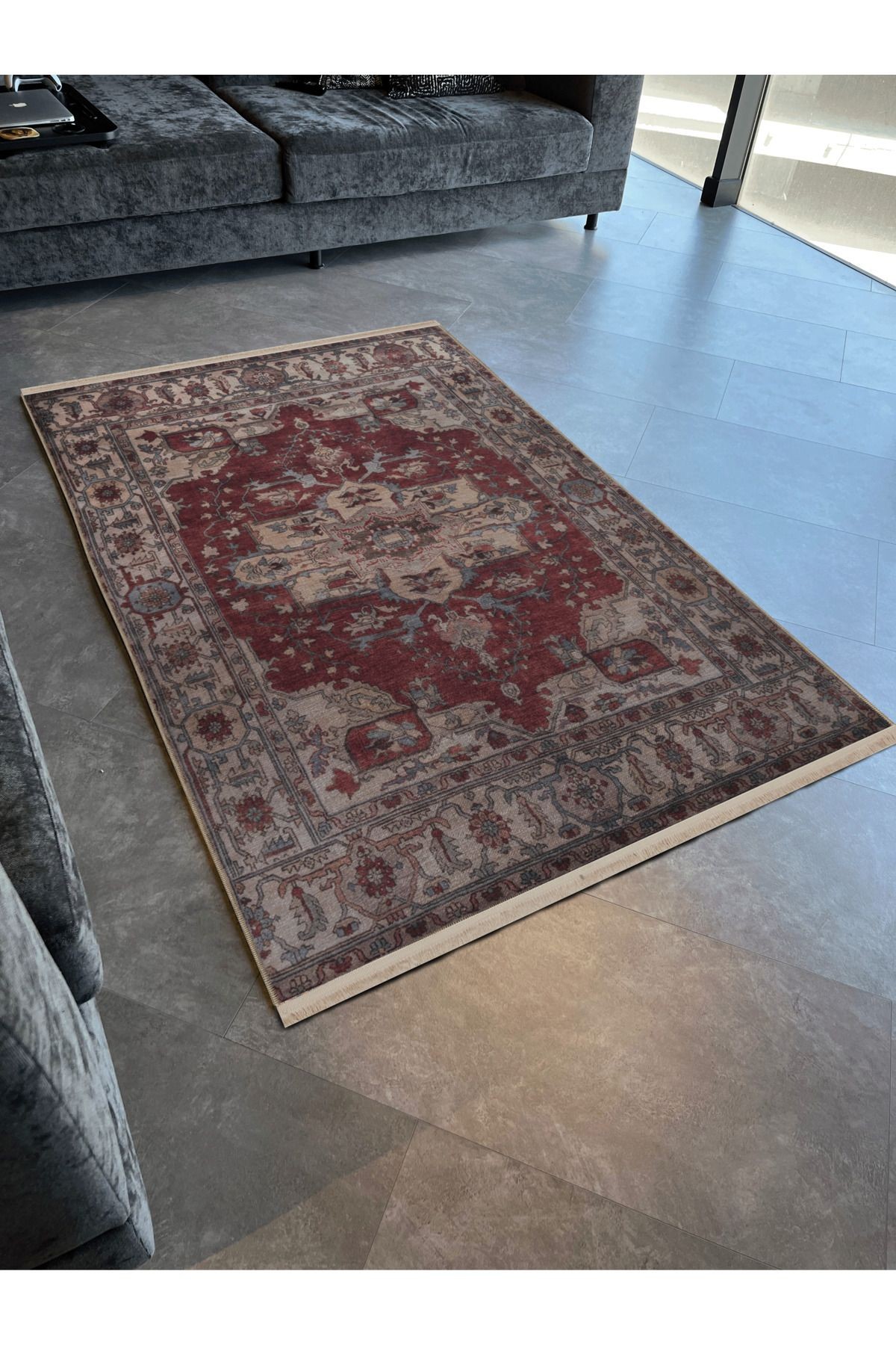 Bordo Temalı Geleneksel Motif Etnik Çiçek Desenli Kreatif Vintage Dekoratif Halı 2935