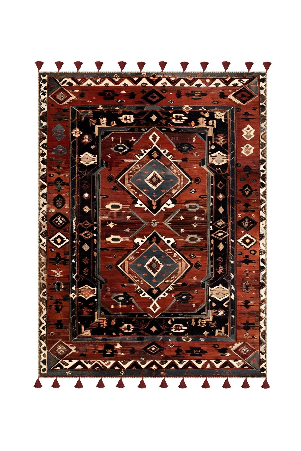 Royal Etnik Motifler Desenli Püskül Detaylı Dokuma Taban Dekoratif Halı royal42