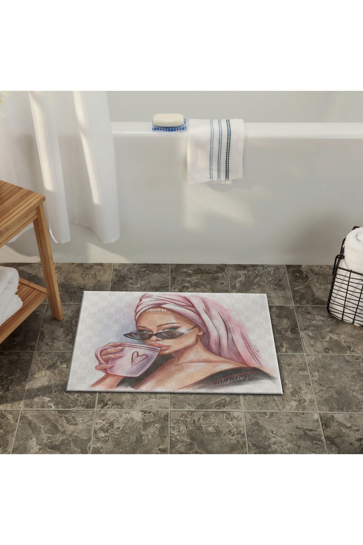 Pudra Bej Temalı Kadın Portre Desenli Modern Dekoratif Banyo Paspası 90×60
