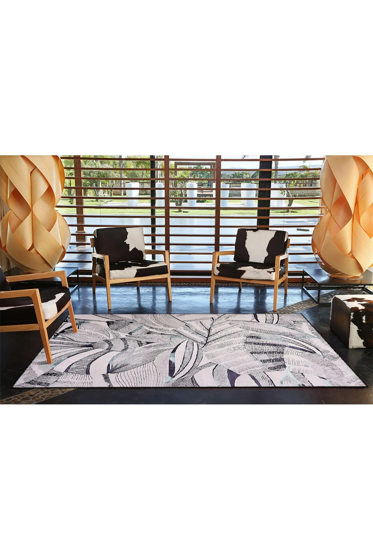 Modern Gri Yapraklı Desenli Dekoratif Dokuma Taban Halı miravip519