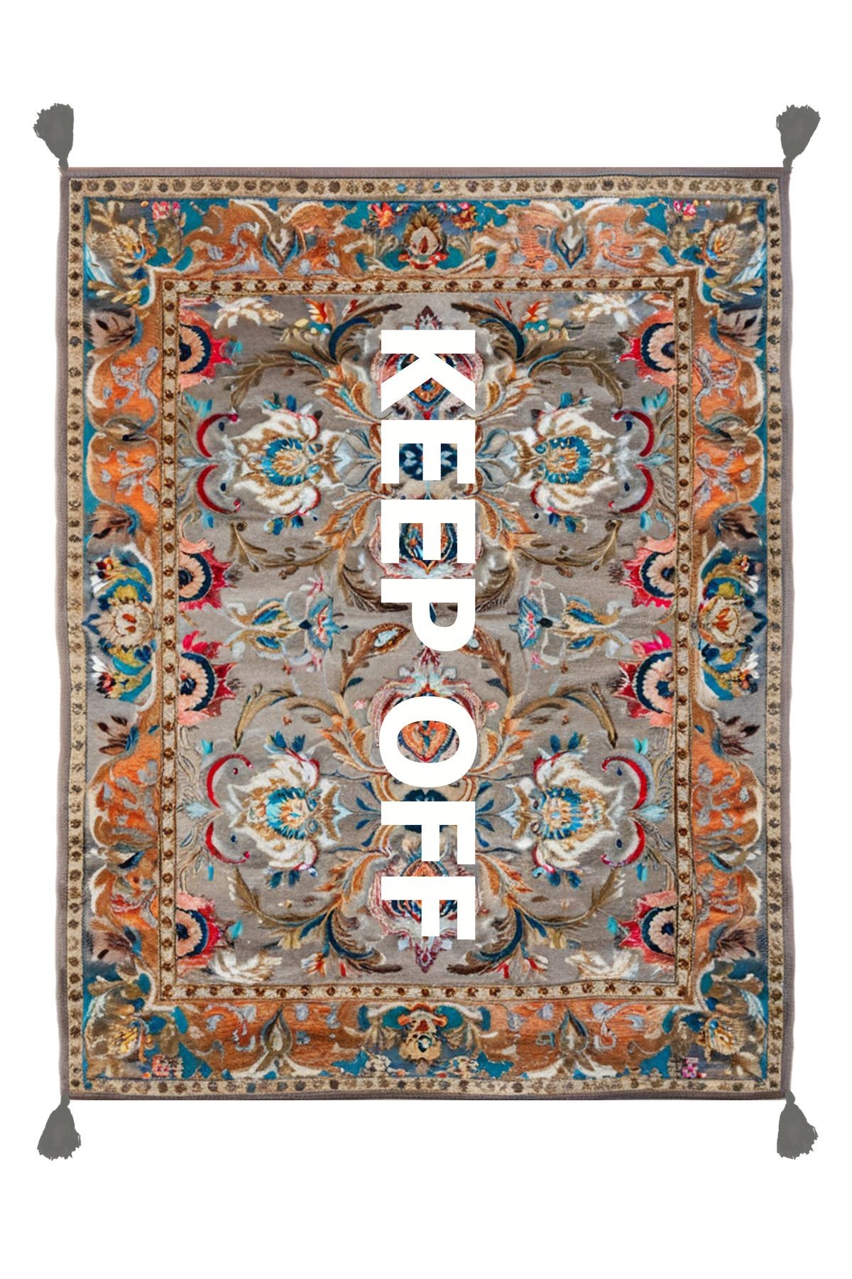 Tokyo Koleksiyonu Gri Temalı Keep Off Yazılı Floral Desenli Dokuma Taban Vintage Dekoratif Halı 23