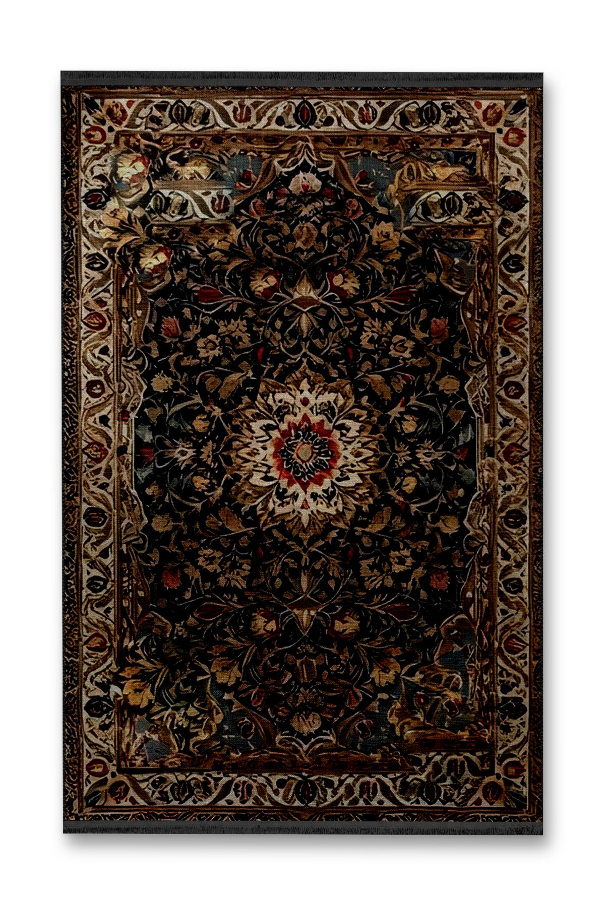 Bej Bordür Detaylı Çok Renkli Antik Tasarım Serisi Çiçek Desenli Vintage Dekoratif Halı antik53