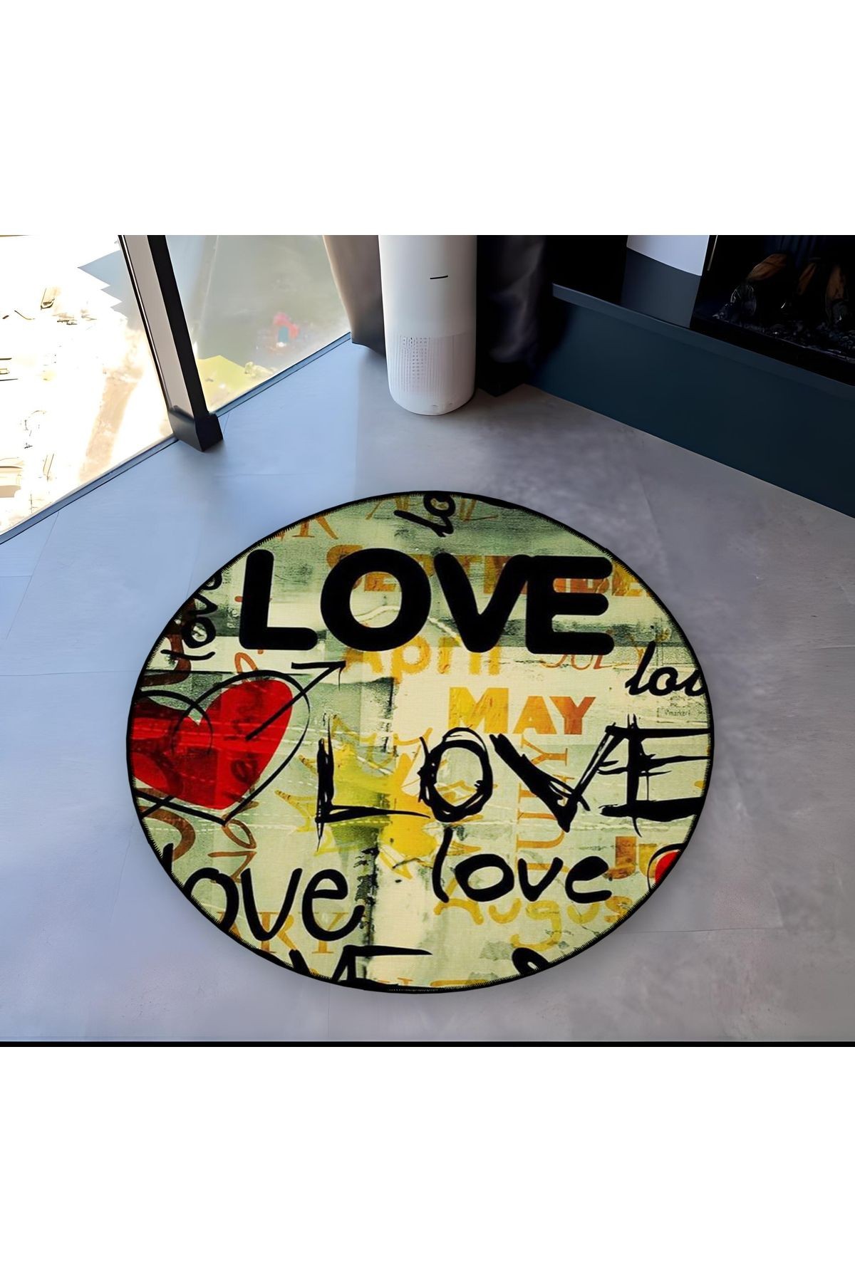 Mira Yuvarlak Çok Renkli Love Yazı ve Kalp Desenli Dokuma Taban Dekoratif Halı 5767