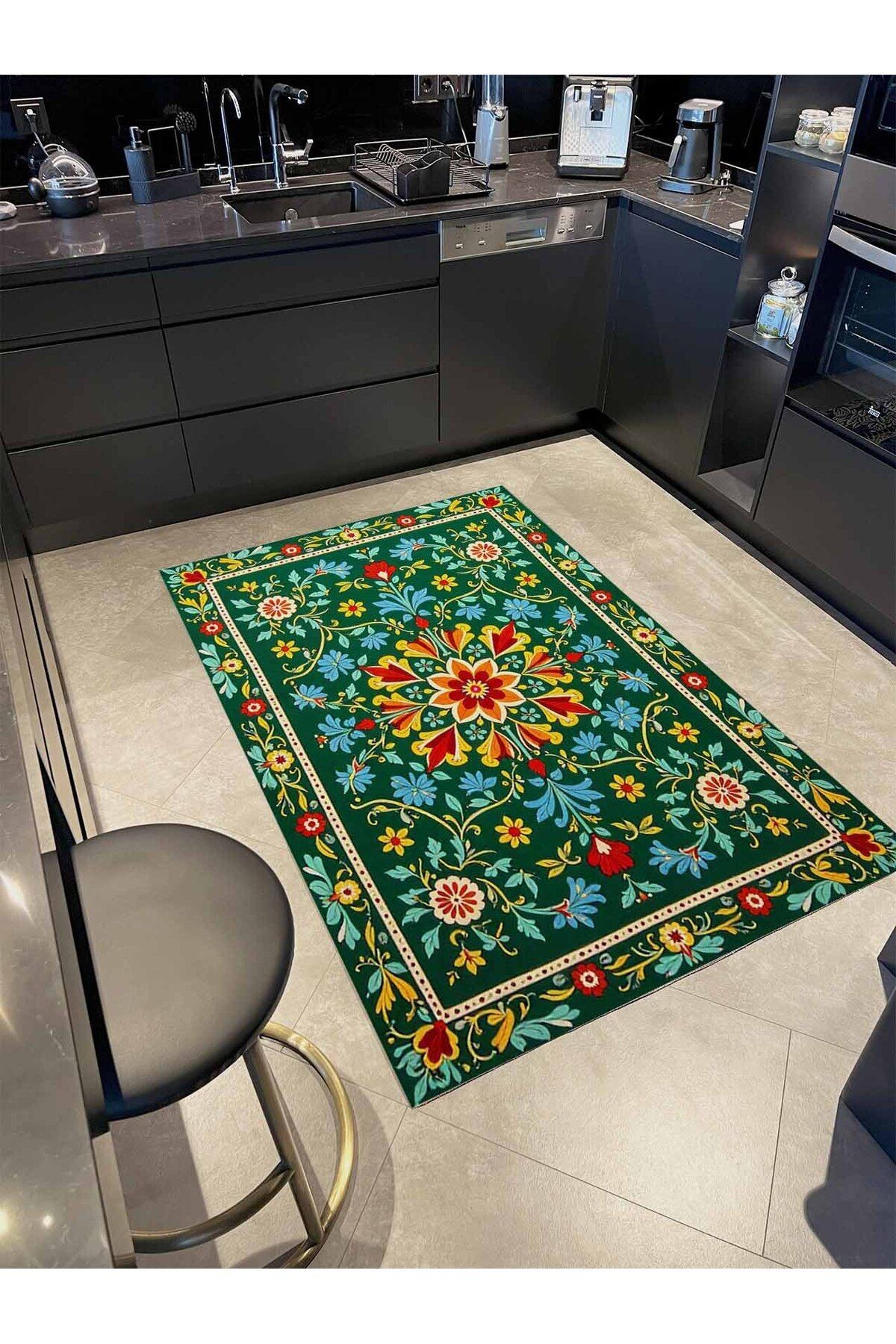 Haryana Koleksiyonu Yeşil Tema Etnik Çiçek Motifleri Desenli Dokuma Taban Vintage Dekoratif Halı 20