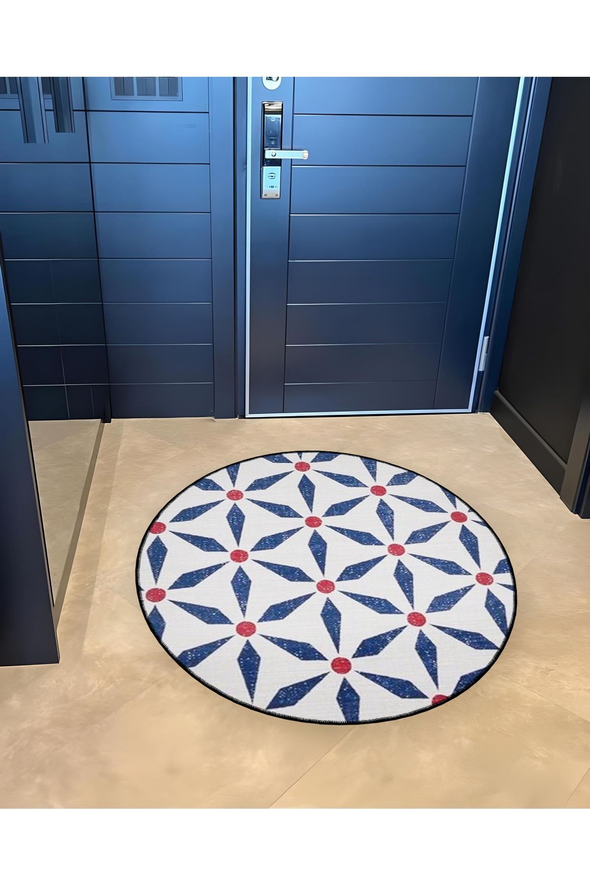 Beyaz Mavi Tema Geometrik Desenli Yuvarlak Dokuma Taban Modern Dekoratif Halı 6096