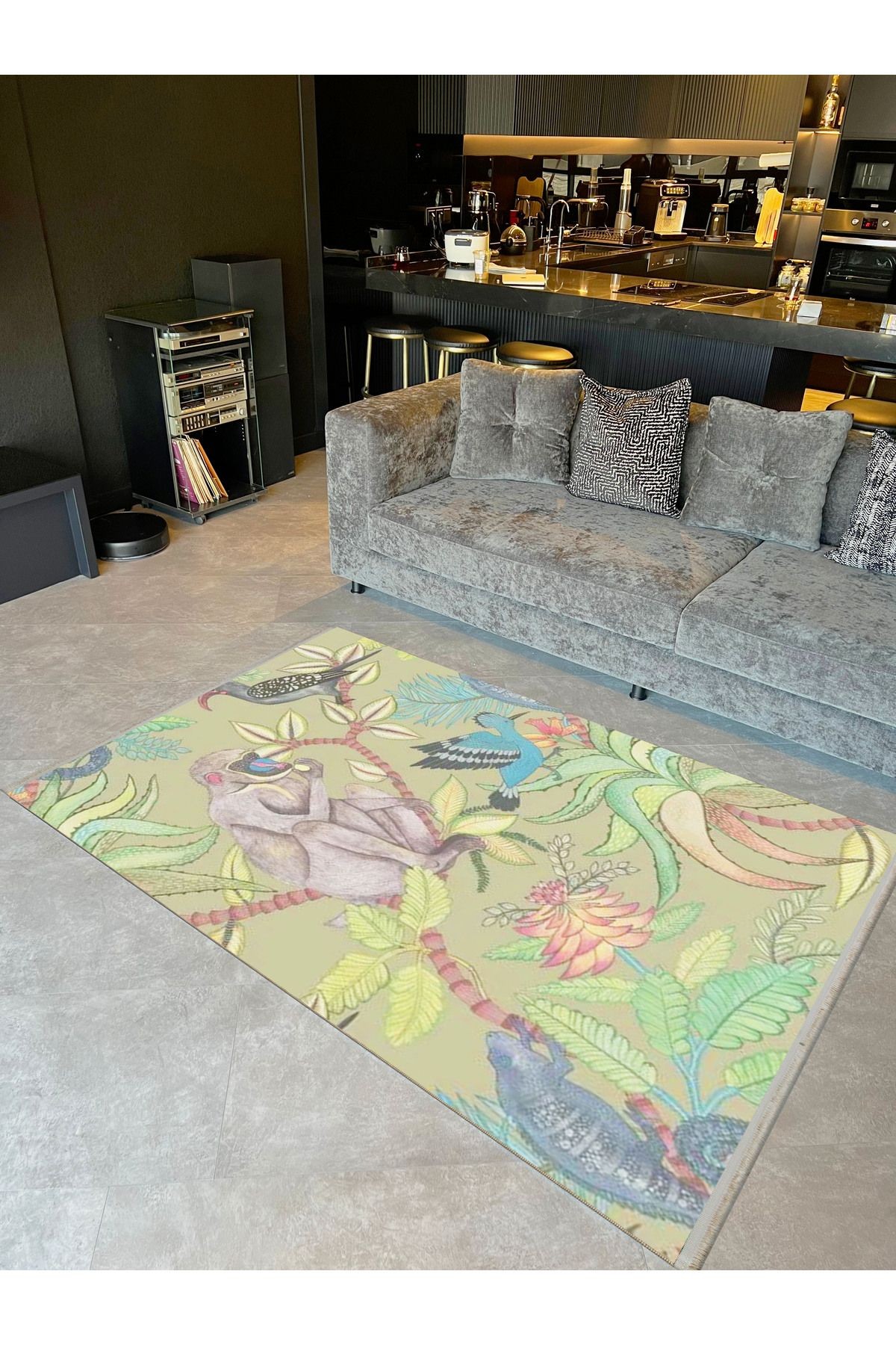 Güney Koleksiyonu Çok Renkli Tropikal Ağaç Maymun ve Kuş Desenli Kreatif Modern Dekoratif Halı 05