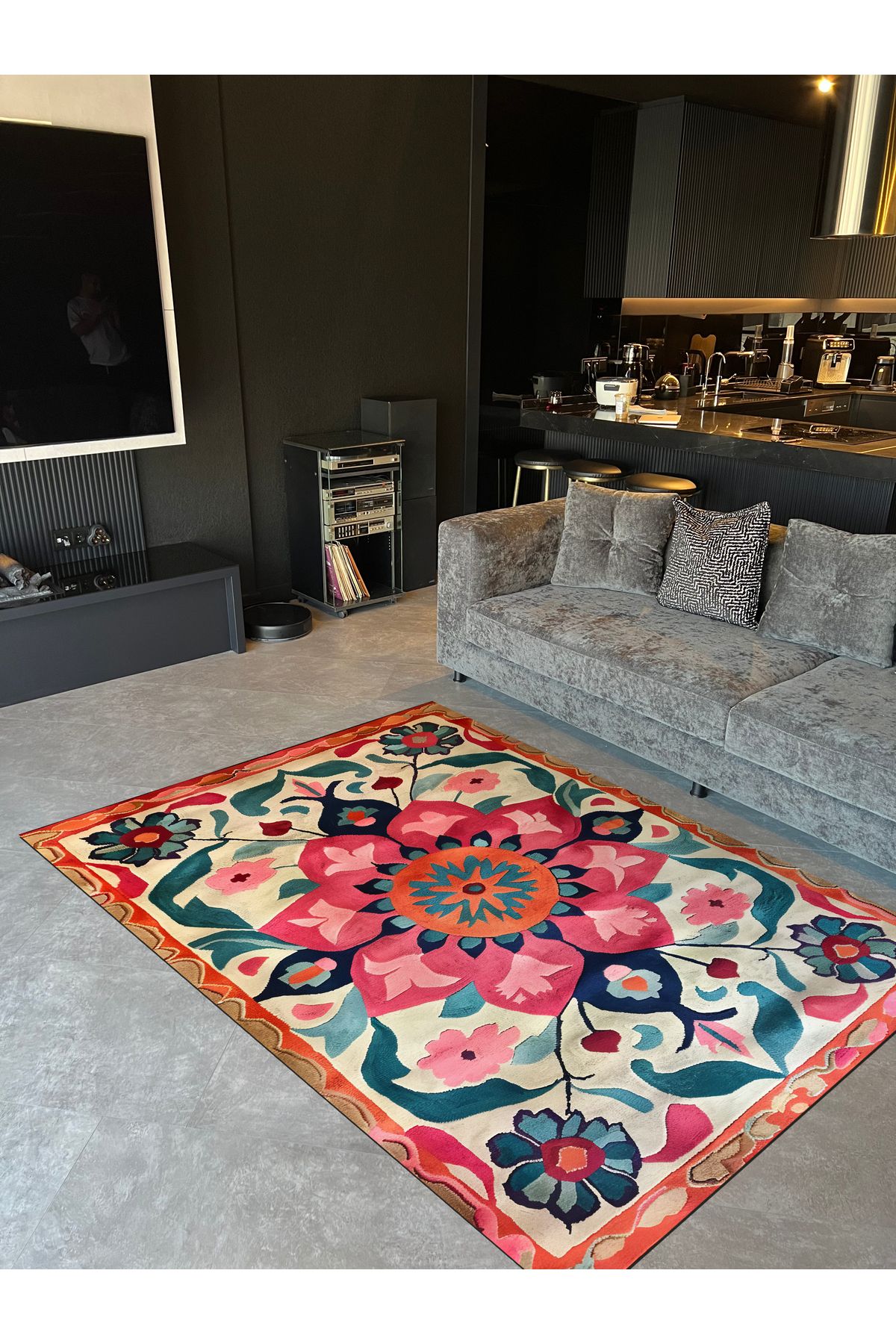 Paris Koleksiyonu Çok Renkli Çiçek Desenli Modern Dekoratif Halı paris16