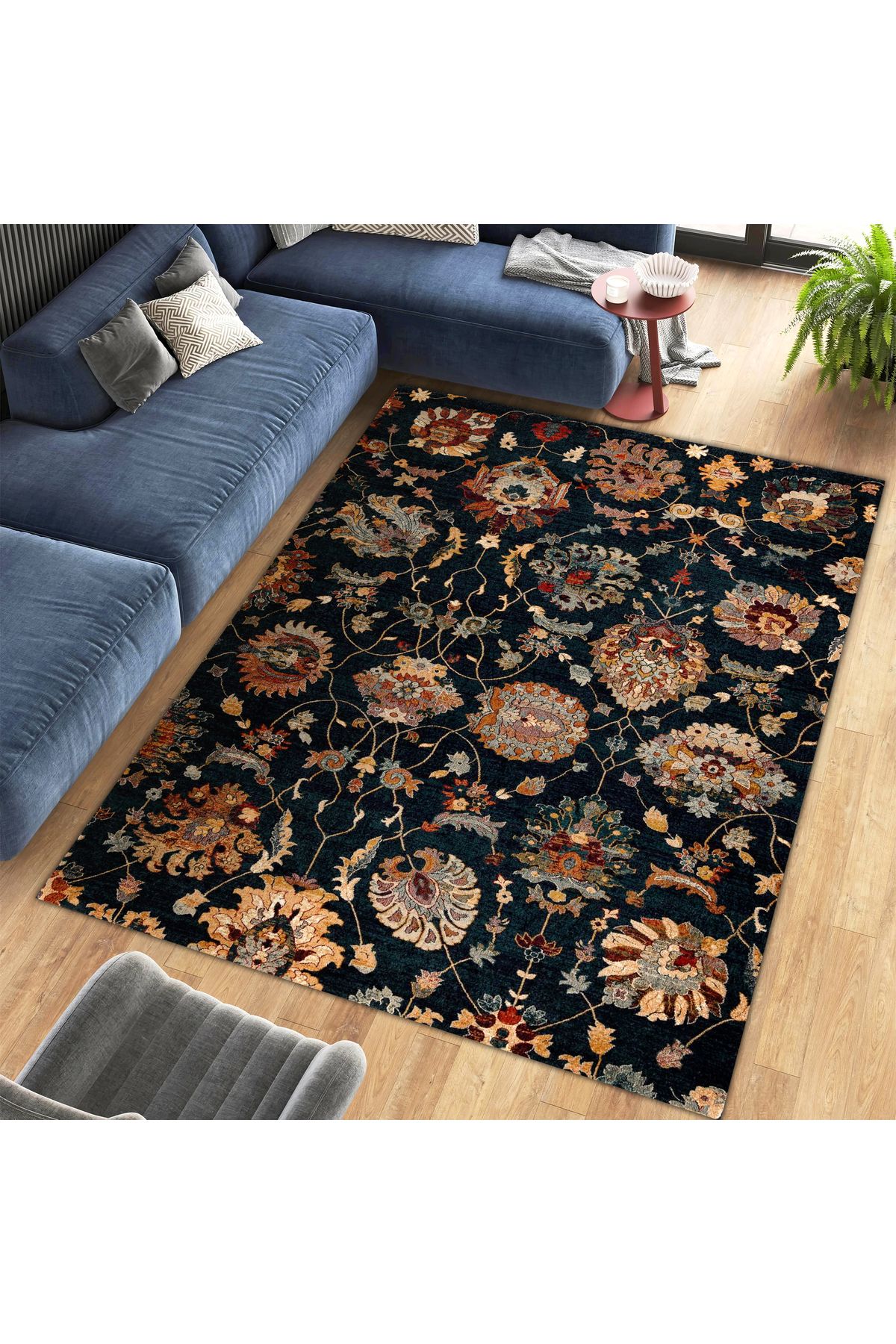 Kuzey Koleksiyonu Koyu Tonlarda Etnik Desenli Dokuma Taban Dekoratif Halı kuzey39