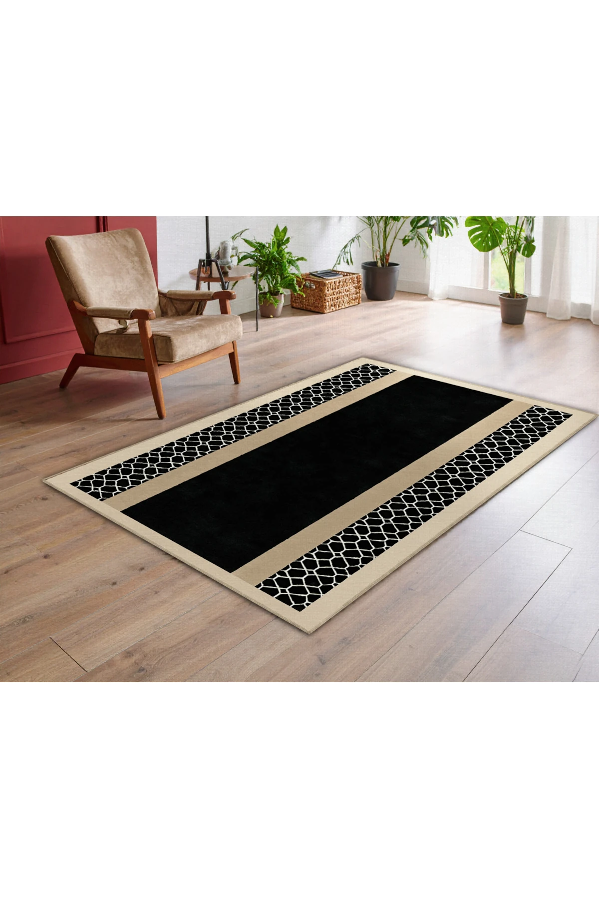 MOSSO Siyah Bej Temalı Soyut Zarif Desenli Dokuma Taban Modern Dekoratif Halı mosso324