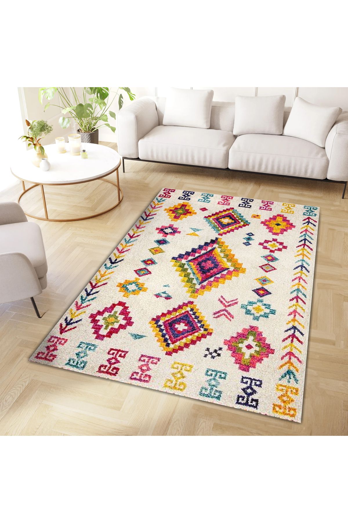 Kuzey Koleksiyonu Çok Renkli Etnik Desenli Dokuma Taban Dekoratif Halı kuzey02