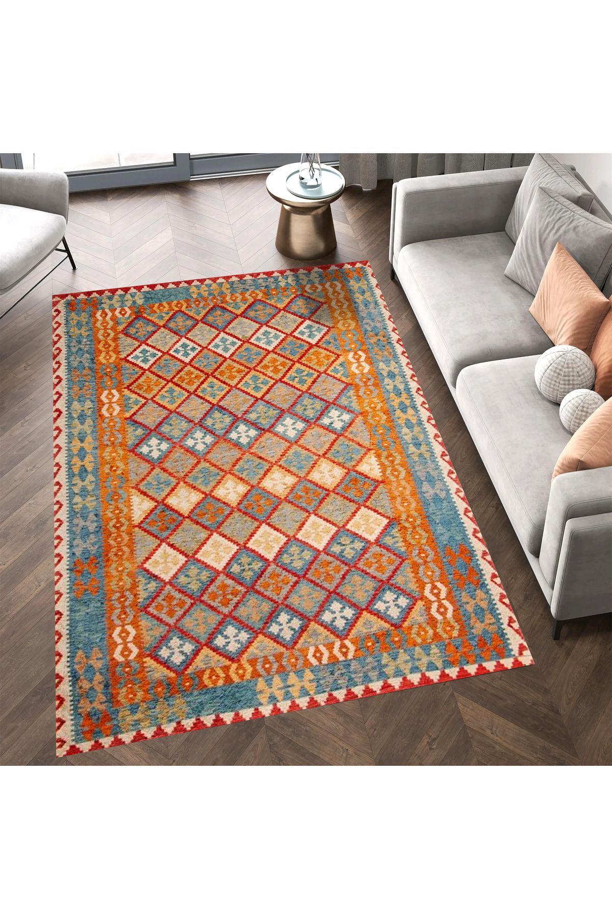 Aysu Koleksiyonu Turuncu Detaylı Etnik Desenli Dokuma Taban Modern Dekoratif Halı aysu23