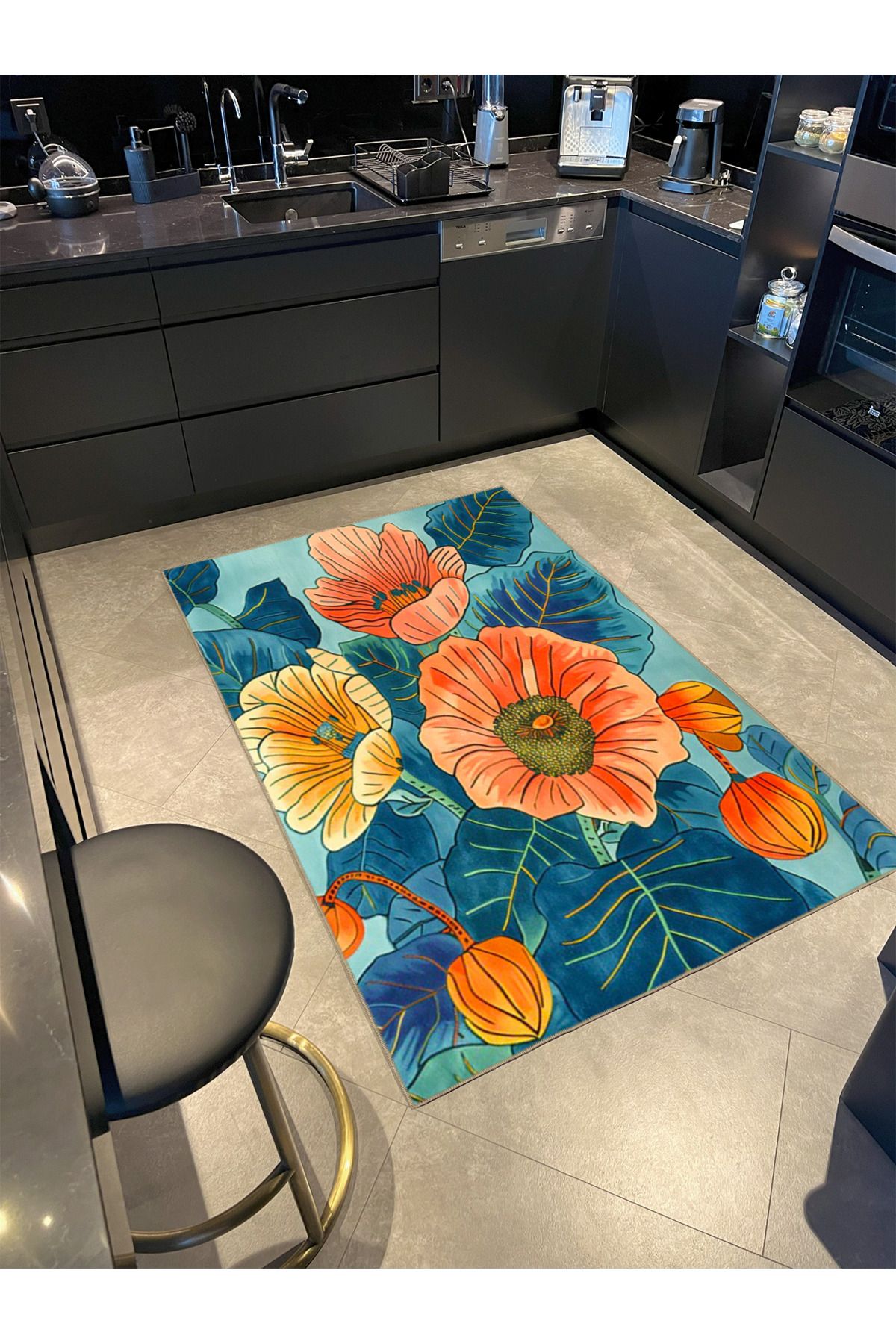 Paris Koleksiyonu Mavi Temalı Floral Çiçek Desenli Kreatif Modern Dekoratif Halı 134