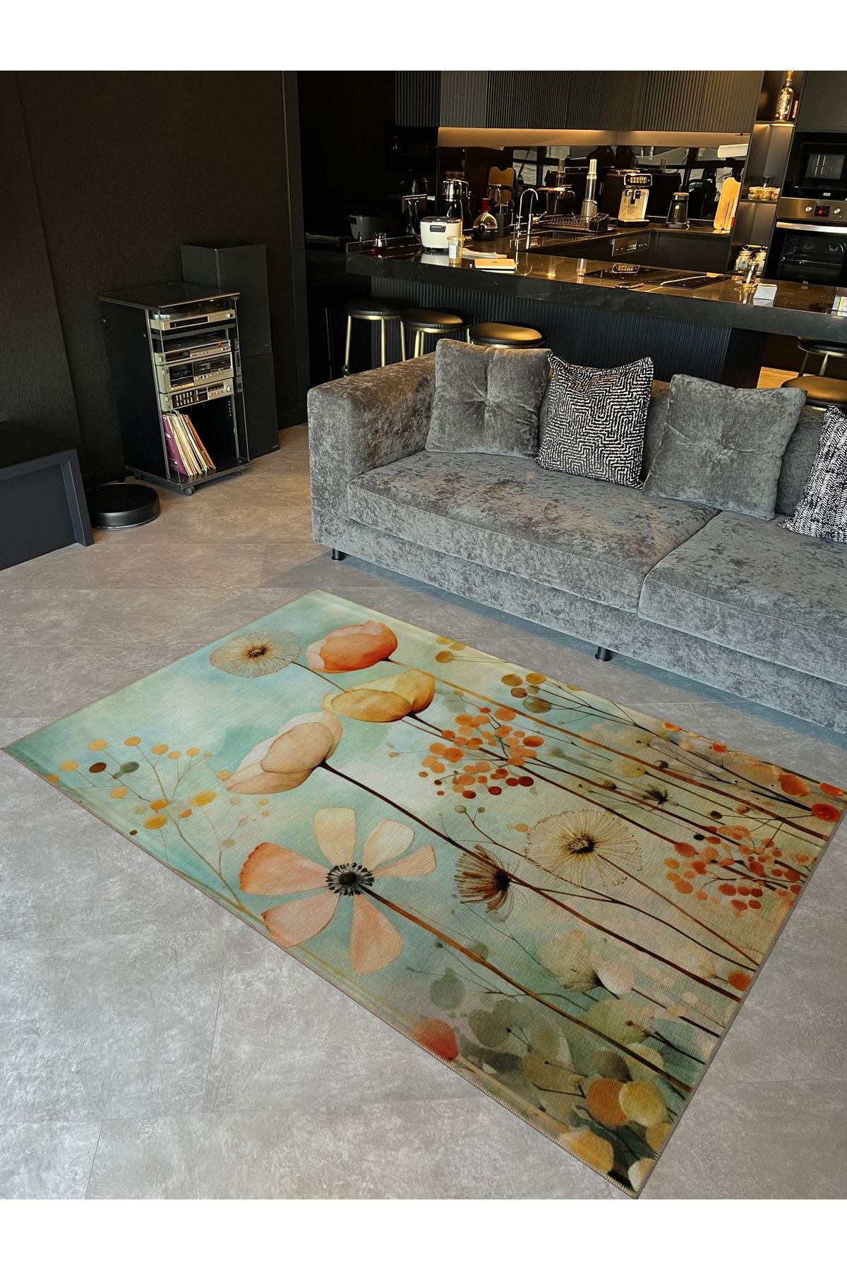 Pastel Tema Çok Renkli Çiçek Bahçesi Floral Desenli Modern Dekoratif Halı 5376
