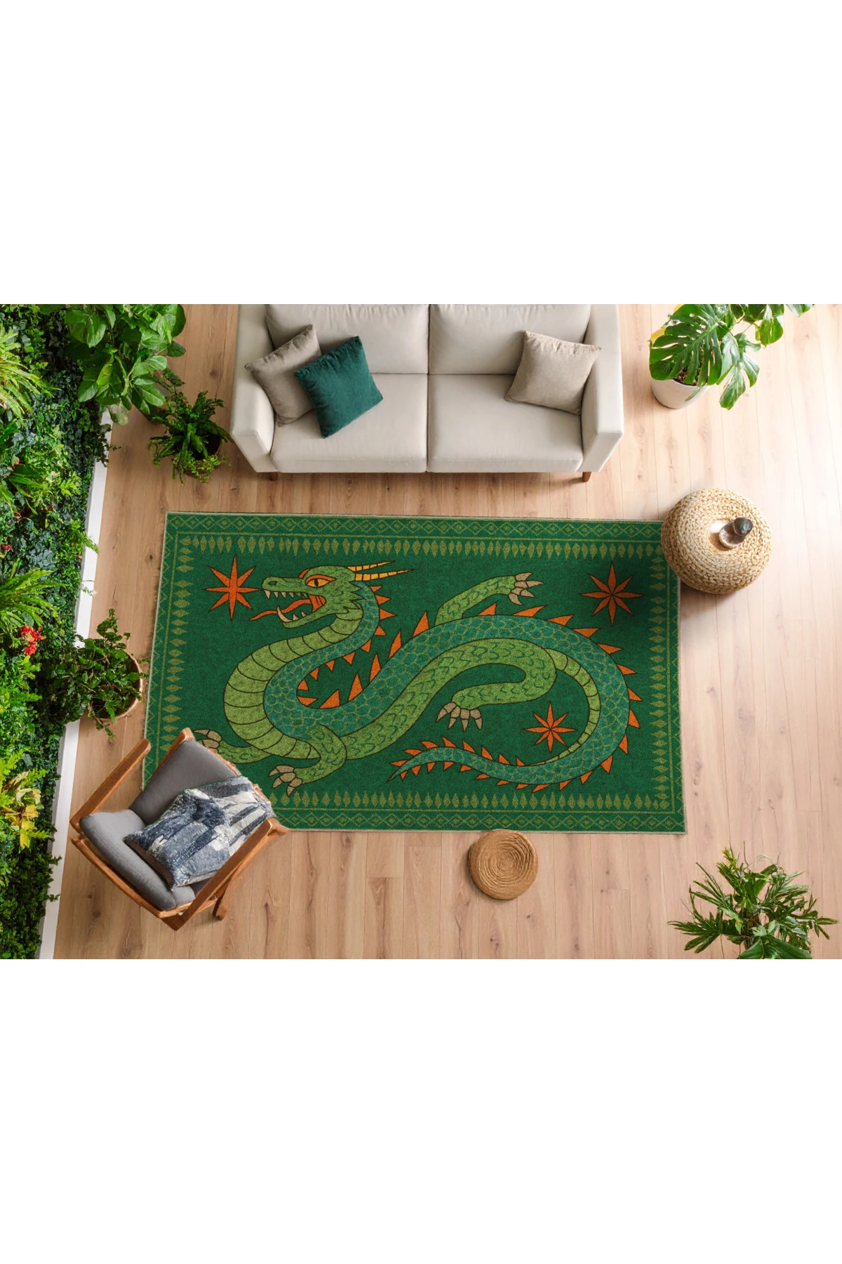 MOSSO Yeşil Temalı Ejderha Figürlü Desenli Dokuma Taban Modern Dekoratif Halı mosso334