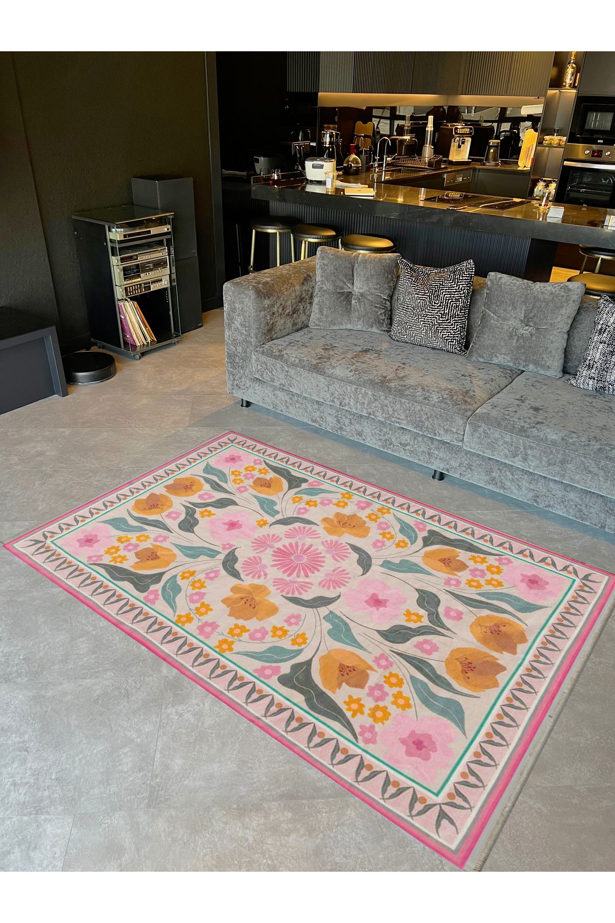Aynur Koleksiyonu Pastel Tonlarda Pembe Çiçekler Detaylı Dokuma Taban Modern Dekoratif Halı aynur36