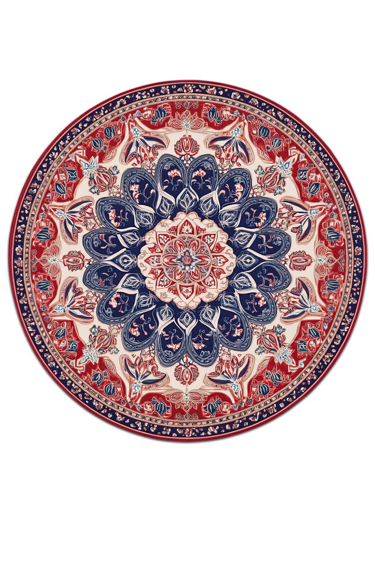 Nora Art 11 Etnik Lacivert Beyaz Kırmızı Vintage Tarz Yuvarlak Dekoratif Dokuma Taban Halı