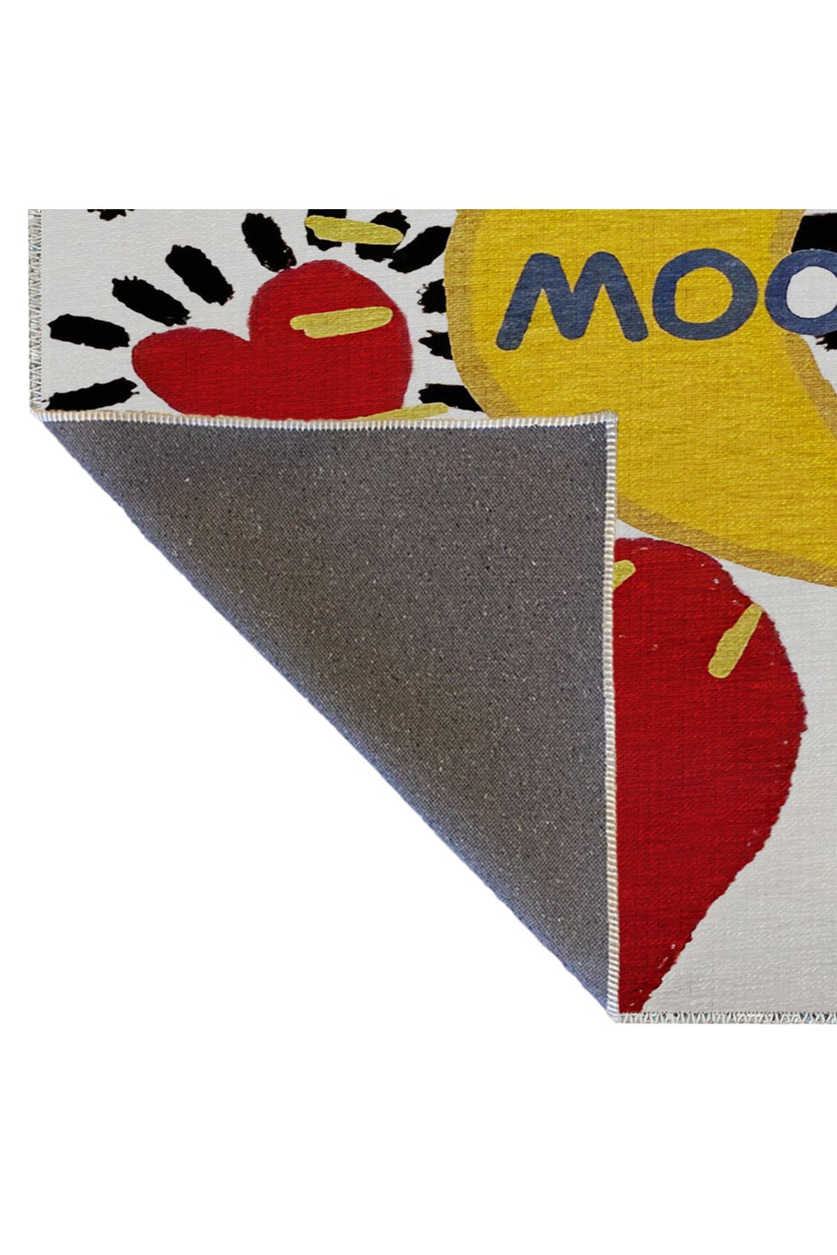 Çok Renkli Moon Yazılı Kırmızı Kalp Sarı Hilal Ay Desenli Modern Dekoratif Halı 2299
