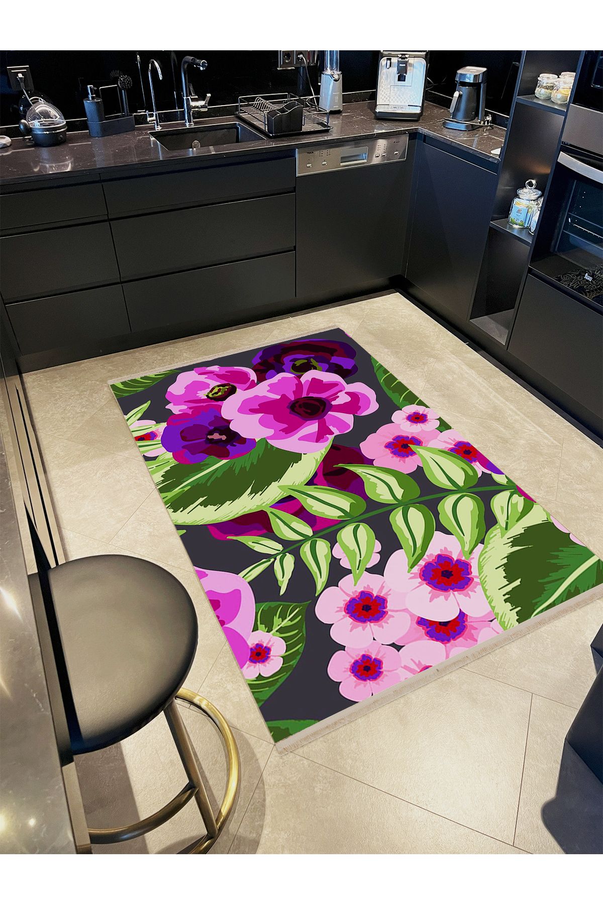 Yılmaz Koleksiyonu Pembe ve Yeşil Tonlar Menekşe ve Yapraklar Desenli Modern Dekoratif Halı 11