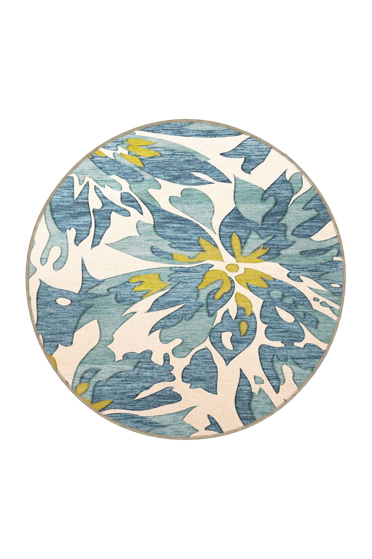 Floral Mavi Çiçek Desenli Dokuma Halı 4025