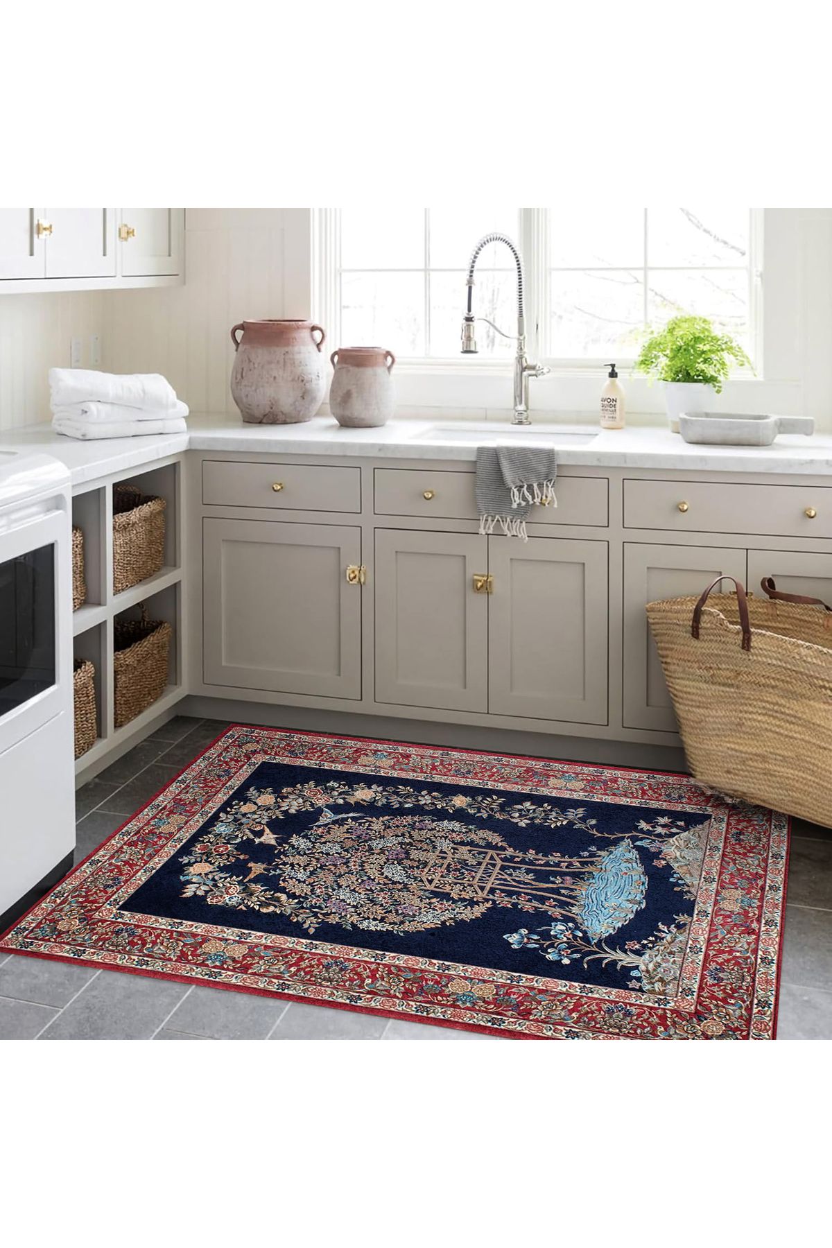 Aysu Koleksiyonu Çiçekli Kırmızı Bordür Detaylı Siyah Desenli Dokuma Taban Dekoratif Halı aysu07