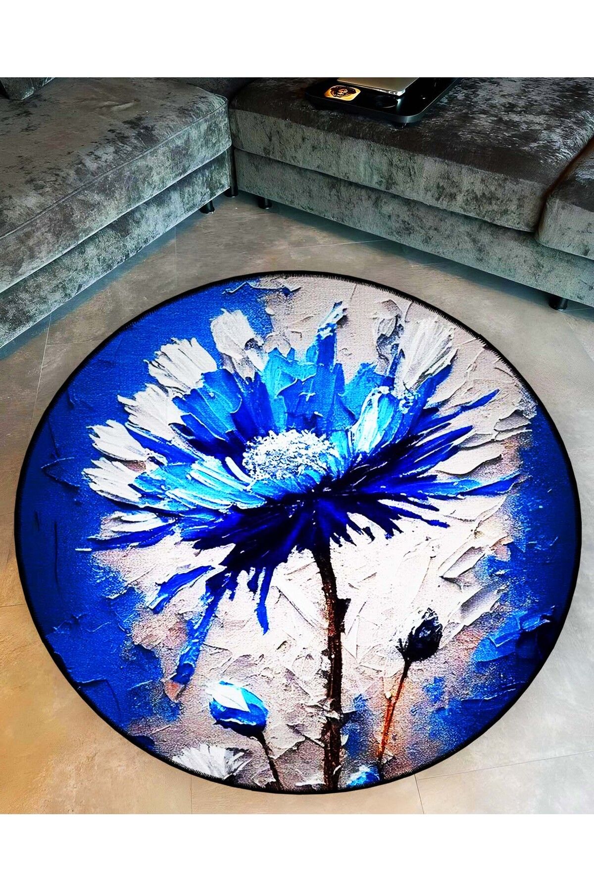 Mira Yuvarlak Mavi Beyaz Yağlı Boya Görünümlü Dokuma Taban Modern Dekoratif Halı mirayuvarlak5827