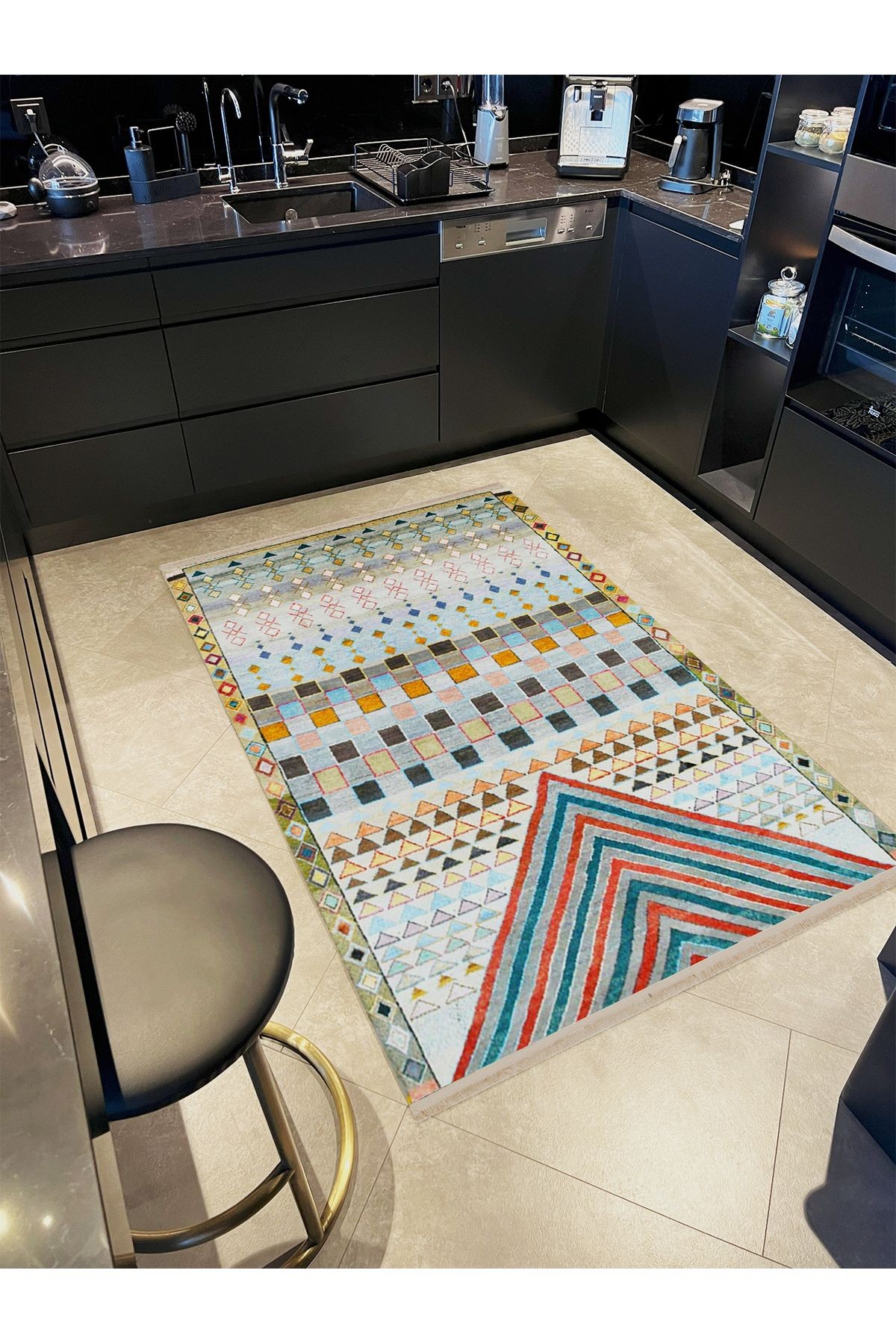 Barcelona Koleksiyonu Çok Renkli Eskitme Geometrik Motifler Desenli Vintage Dekoratif Halı 57
