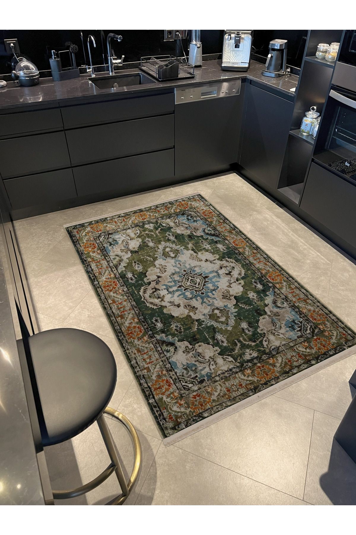 Yeşil Haki Bej Temalı Geleneksel Motif Etnik Desenli Kreatif Vintage Dekoratif Halı 2386