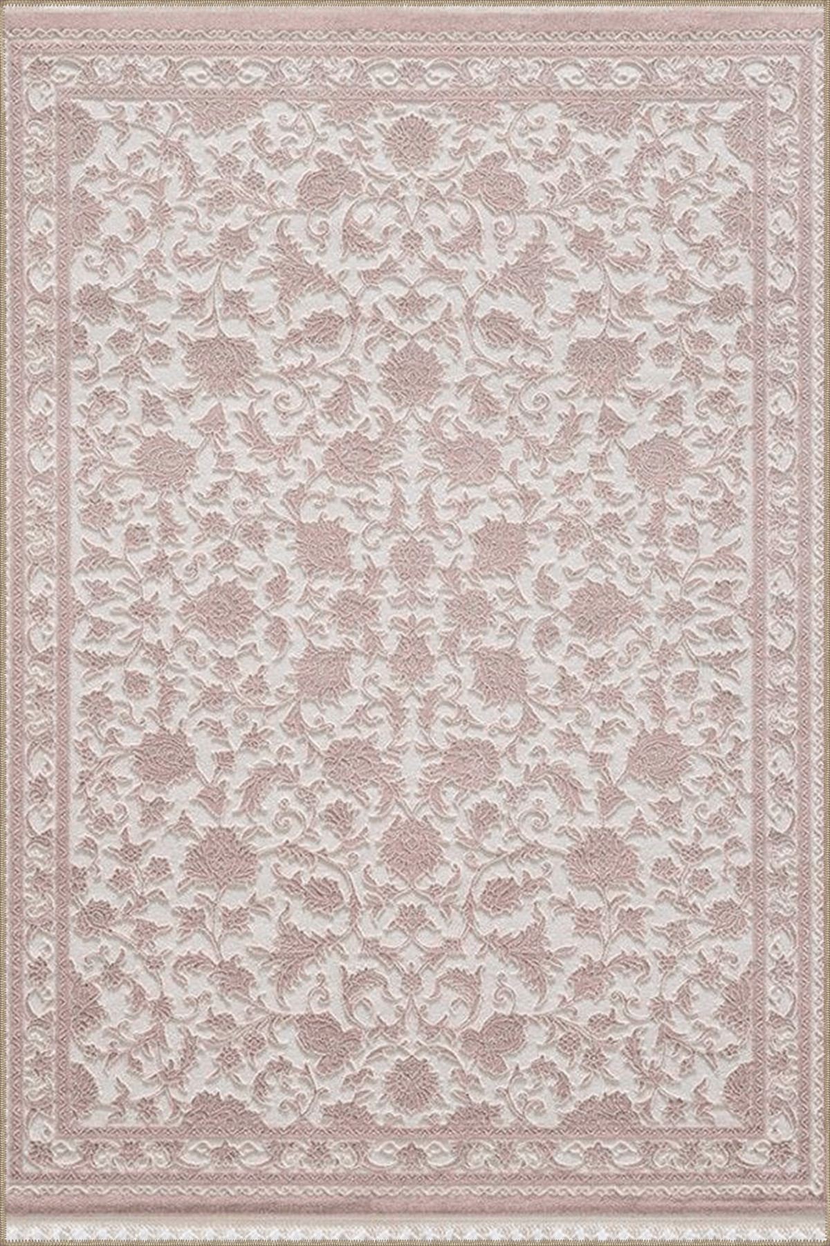 Pudra Pembe Temalı Motifli Floral Çiçek Desenli Vintage Dekoratif Halı 4878