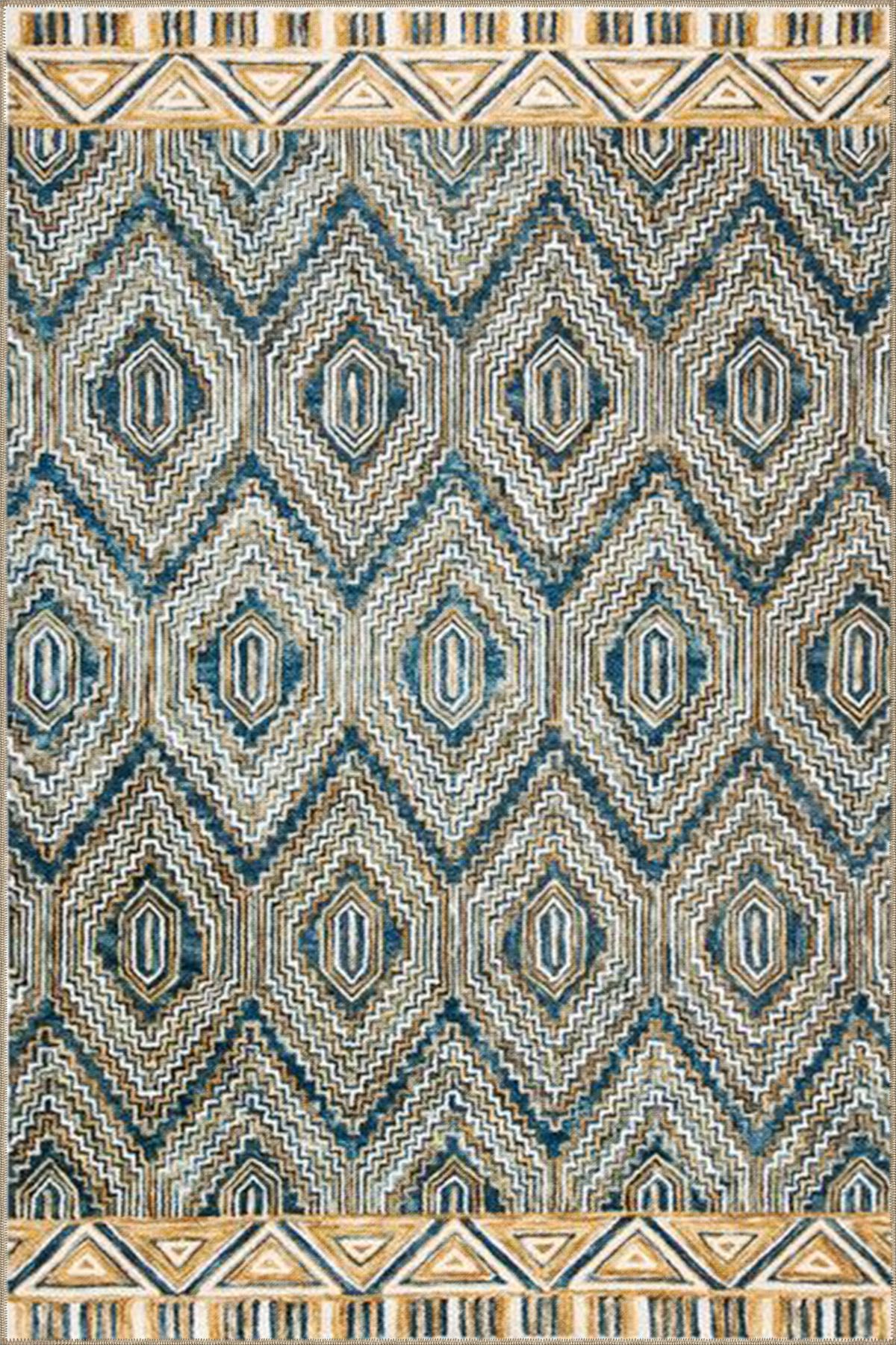 Mavi Bej Temalı Geleneksel Motif Desenli Vintage Dekoratif Halı 4637