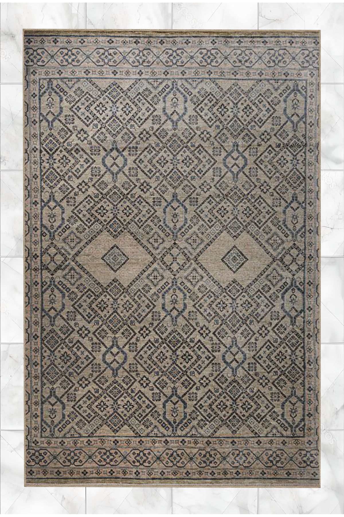 Gri Temalı Geleneksel Motif Desenli Vintage Dekoratif Halı 5242