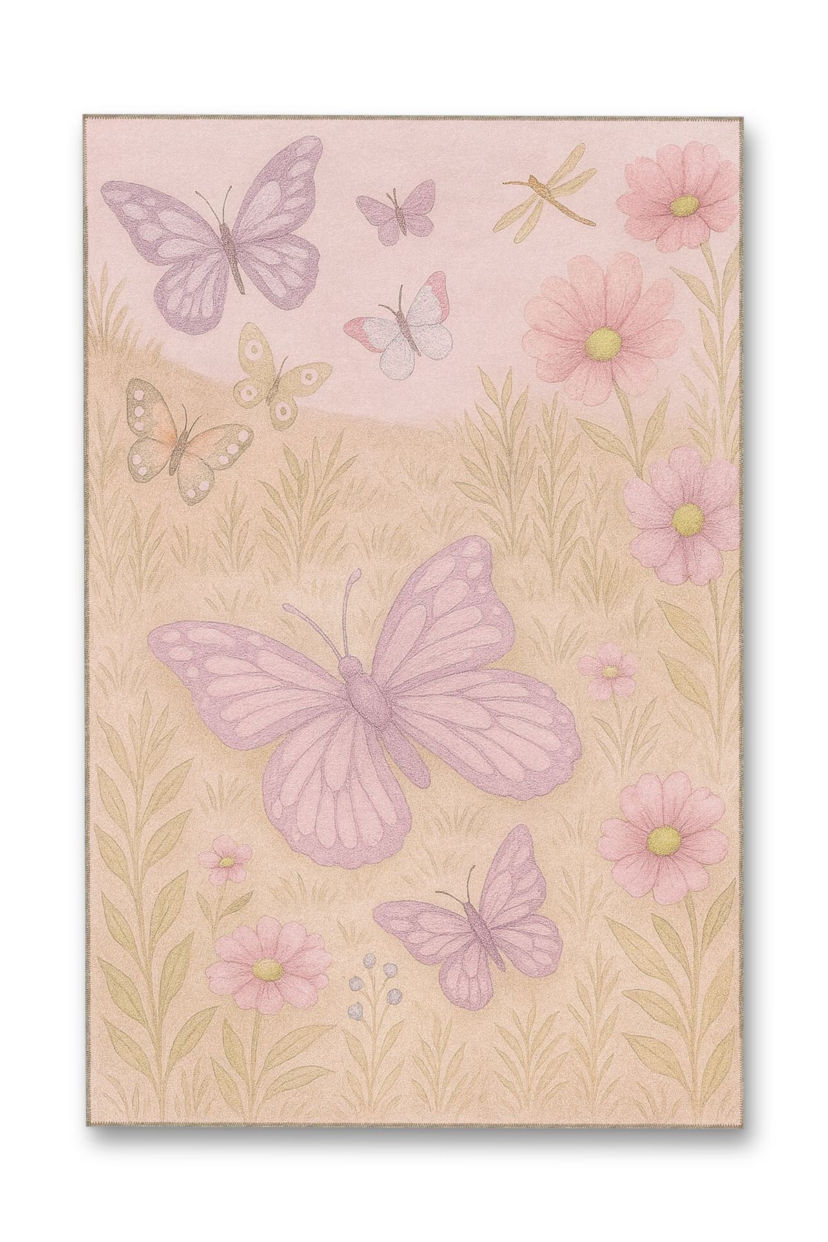 MOSSO Pastel Pembe Çiçekler ve Kelebekler Desenli Dokuma Taban Modern Dekoratif Halı mosso99