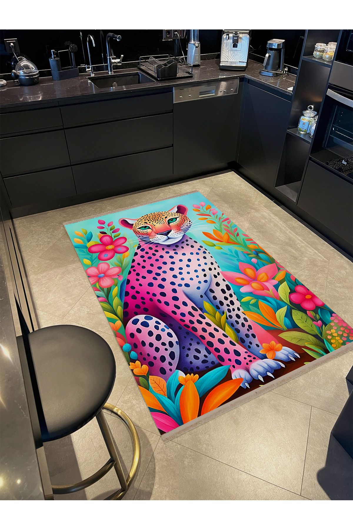 Özge Koleksiyonu Çok Renkli Çiçek Detaylı Yavru Kaplan Desenli Dokuma Taban Dekoratif Halı özge37