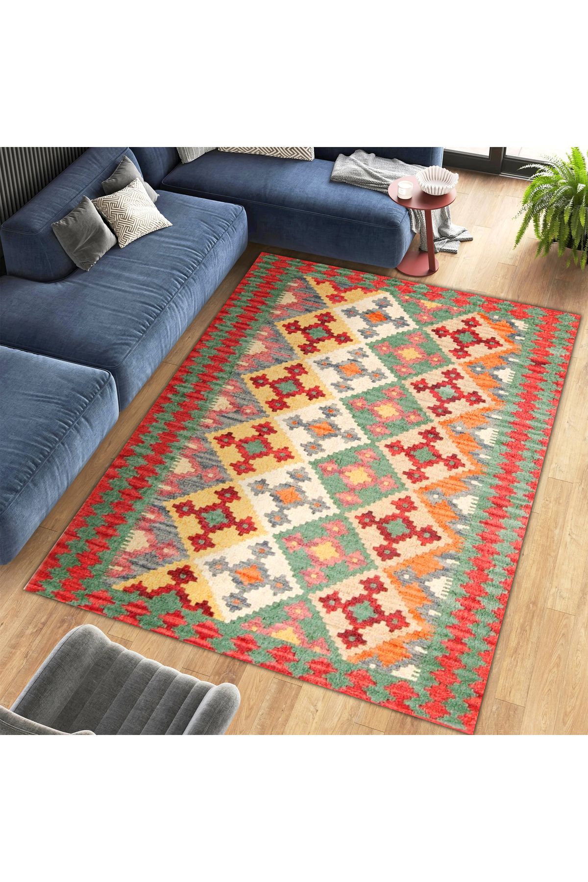 Aysu Koleksiyonu Turuncu Yeşil Etnik Desenli Dokuma Taban Modern Dekoratif Halı aysu31