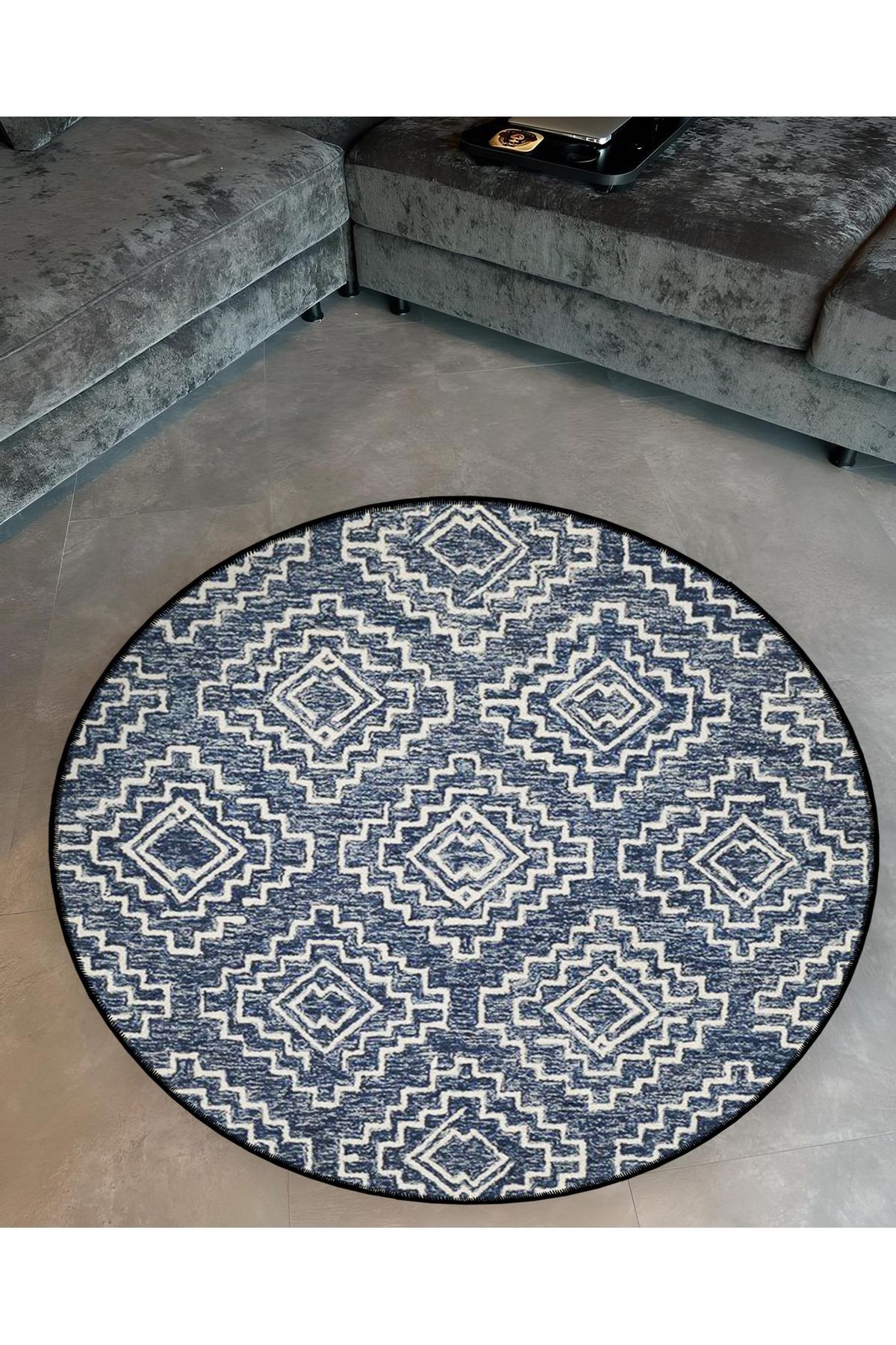 Mira Yuvarlak Lacivert Beyaz Eskitme Etnik Desenli  Dokuma Taban Modern Dekoratif Halı 5628