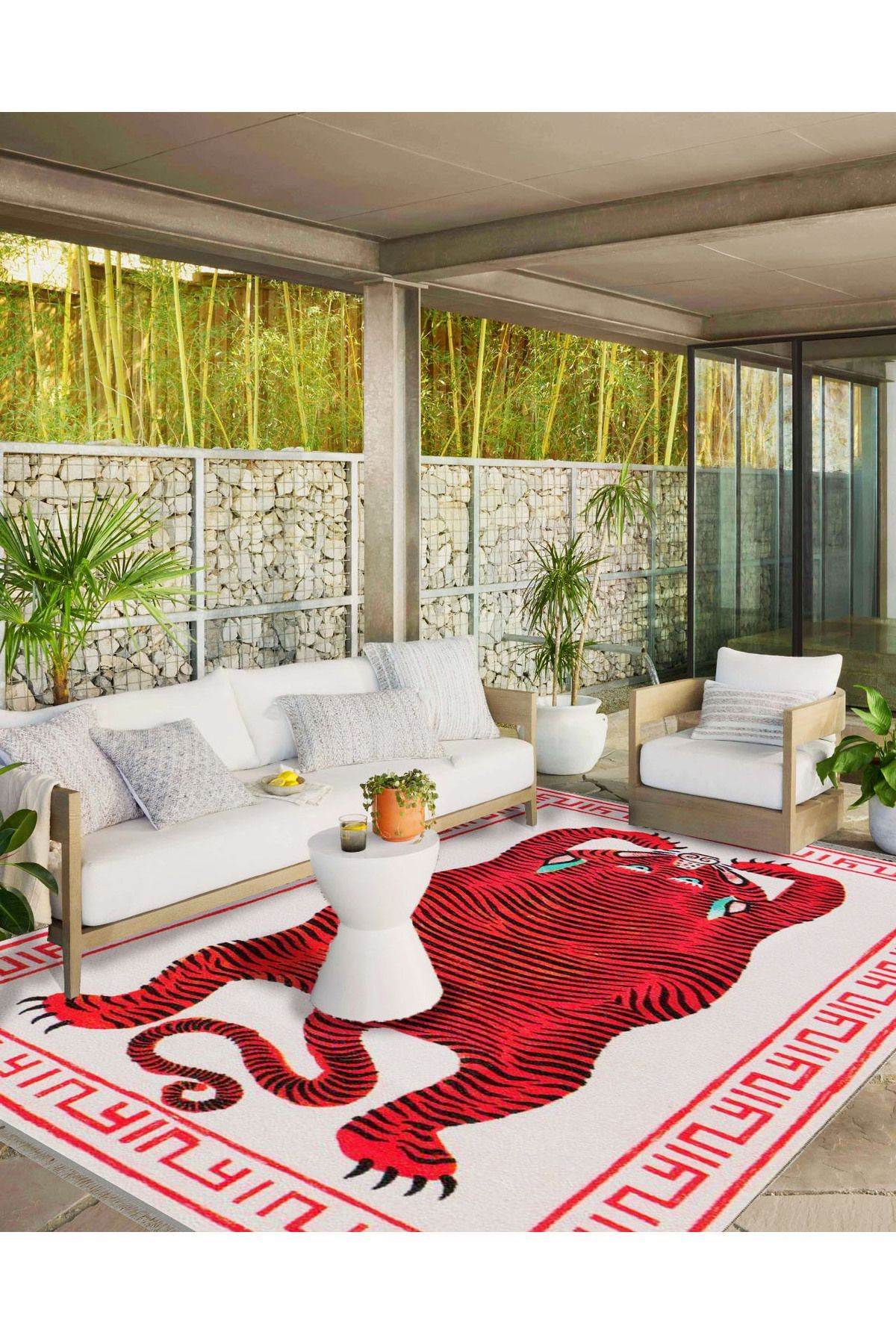 İnci Koleksiyonu Kırmızı Etnik Kaplan Desenli Dokuma Taban Vintage Dekoratif Halı inci09