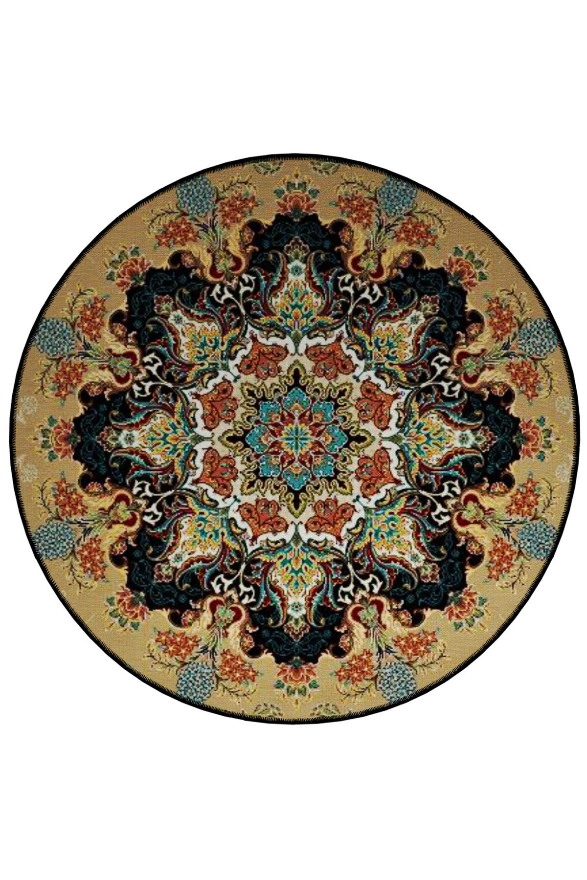 Mira Yuvarlak Sarı Detaylı Antik Dokuma Taban Modern Dekoratif Halı 5678