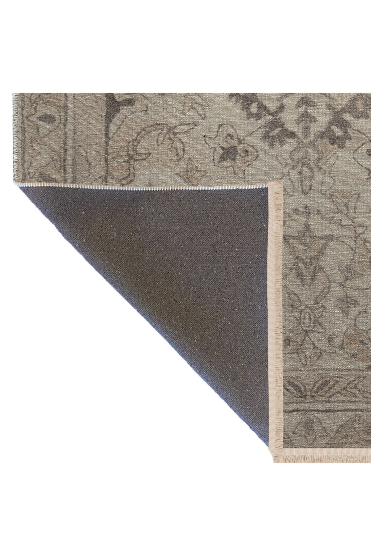 Gri Bej Temalı Geleneksel Motif Çiçek Desenli Saçaklı Vintage Dekoratif Halı 3133