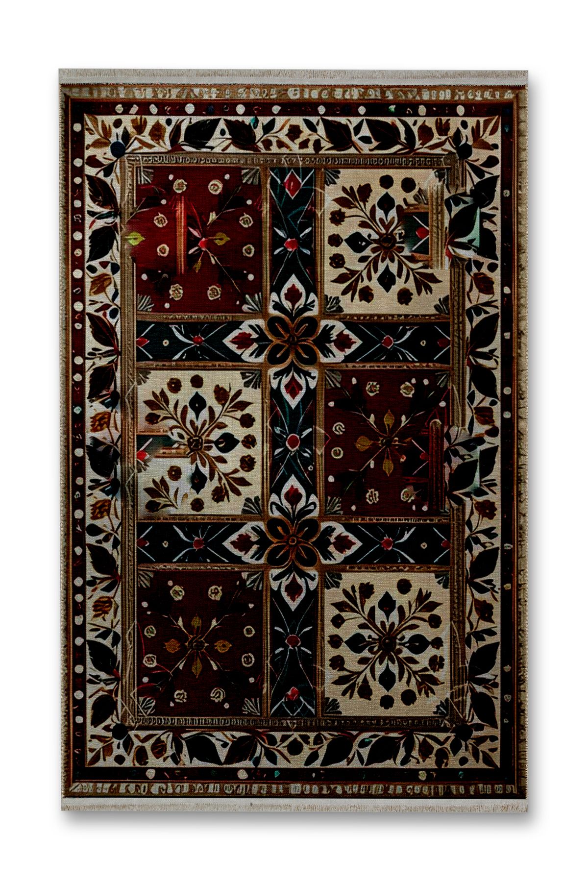 Bej Bordür Detaylı Renkli Antik Tasarım Serisi Çok Renkli Desenli Vintage Dekoratif Halı antik52