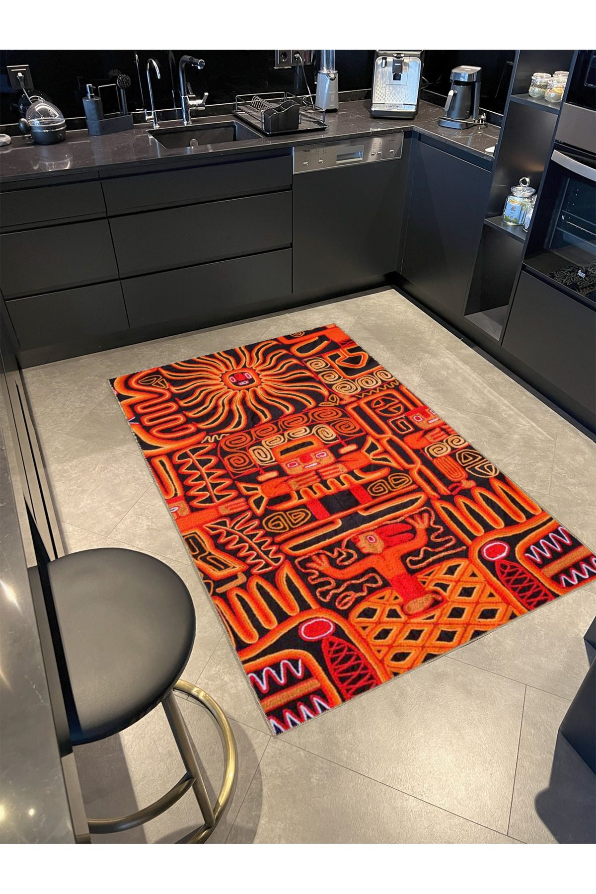 Turuncu Temalı Karma Soyut Figür Desenli Modern Dekoratif Halı 4822