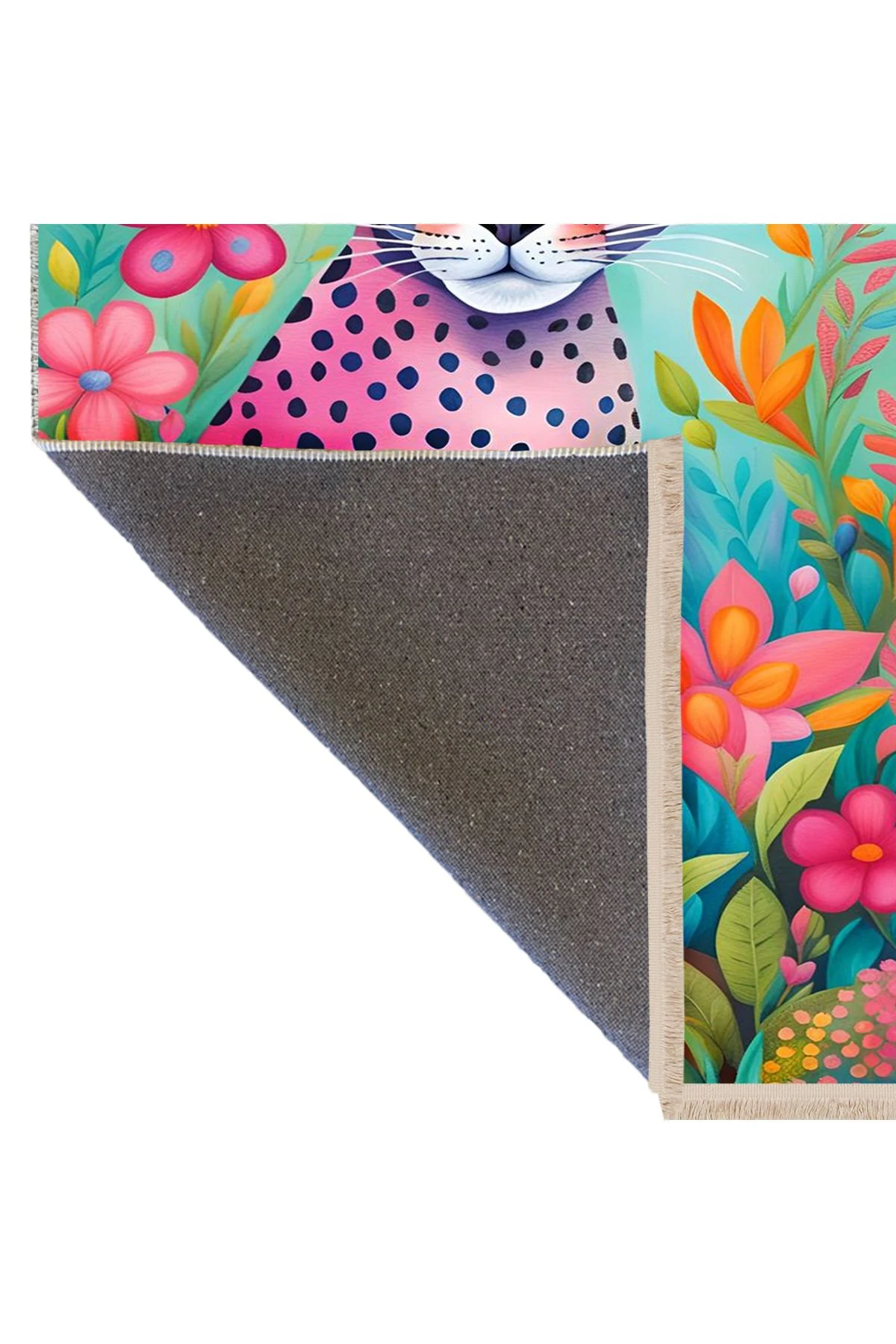 Özge Koleksiyonu Çok Renkli Çiçek Detaylı Yavru Kaplan Desenli Dokuma Taban Dekoratif Halı özge37