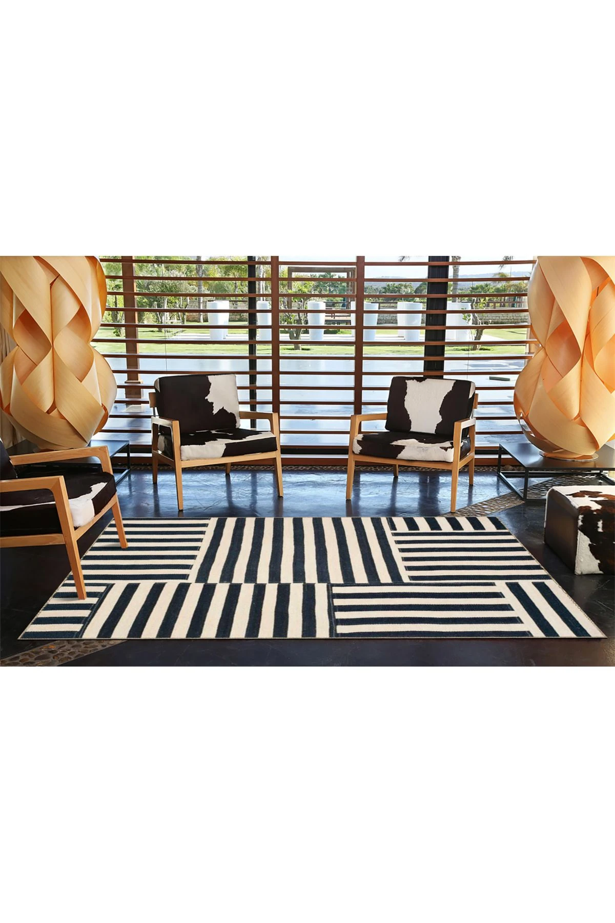 Siyah Krem Lineer Çizgili Dekoratif Yıkanabilir Halı miravip9023