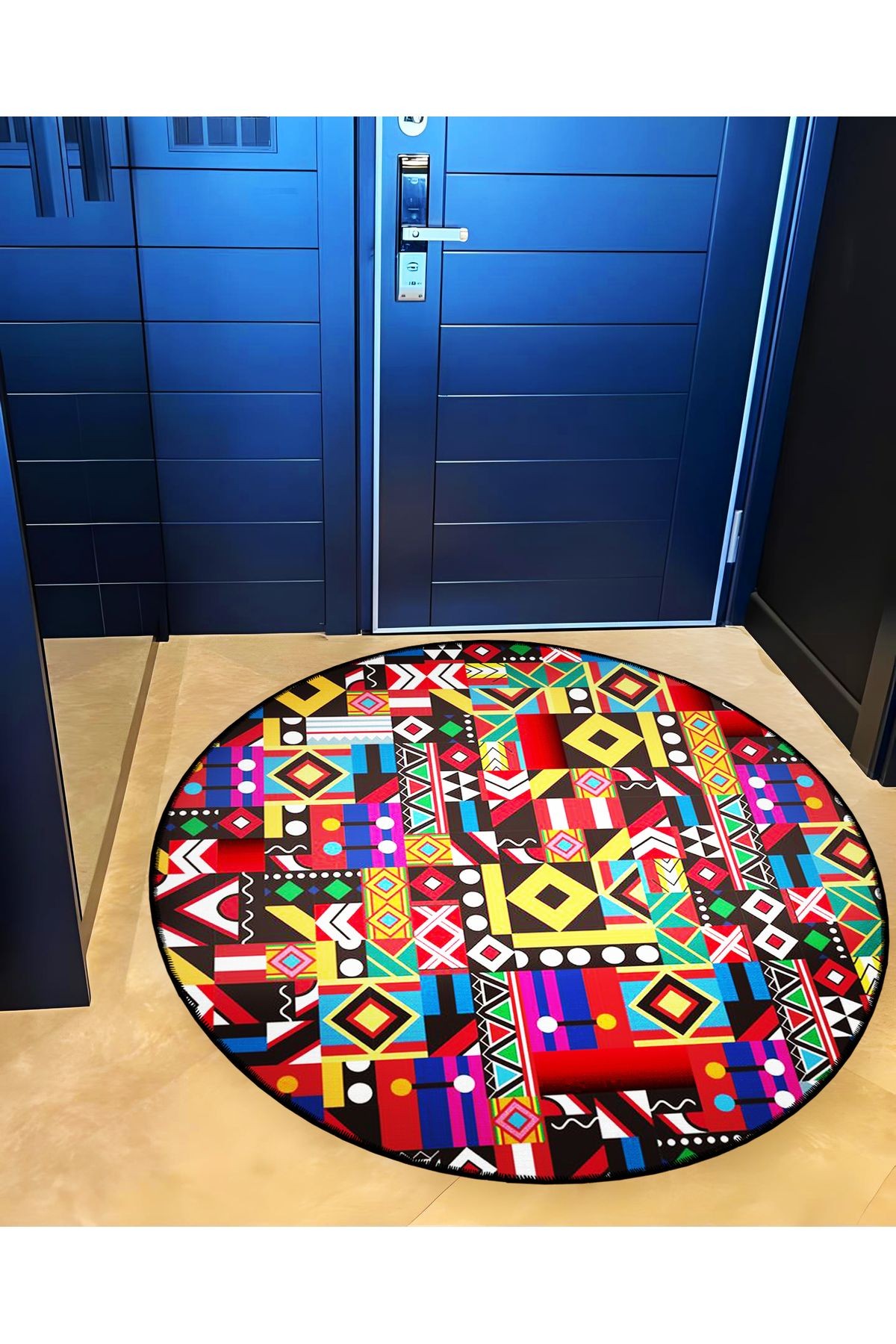 Mira Yuvarlak Çok Renkli Geometrik Şekiller Detaylı Dokuma Taban Modern Dekoratif Halı 5782