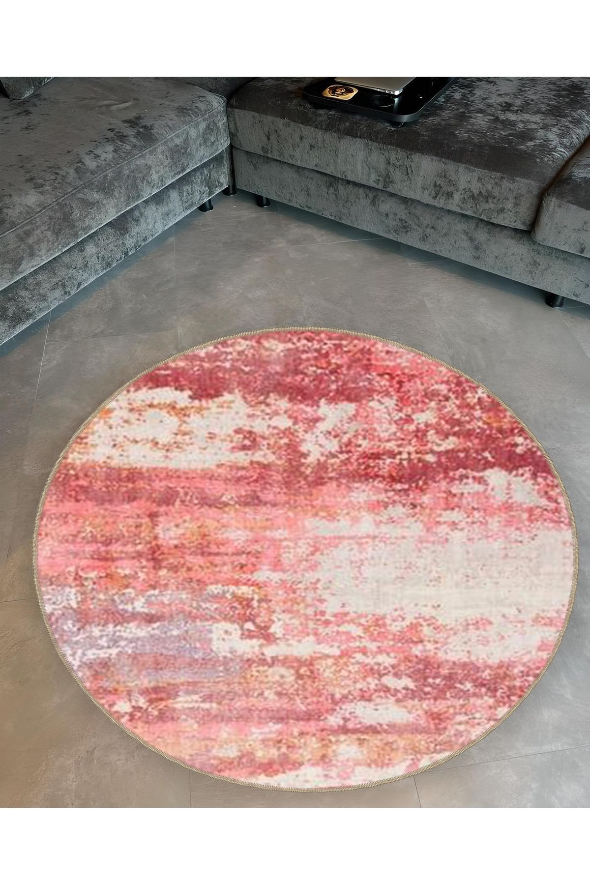 Mira Yuvarlak Pembe Tonlarda Soyut Desen Dokuma Taban Modern Dekoratif Halı 5567