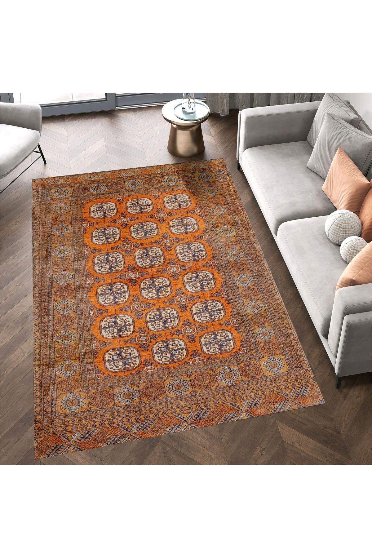 Asena Koleksiyonu Kahve ve Turuncu Temalı Etnik Figür Motifleri Desenli Vintage Dekoratif Halı 15