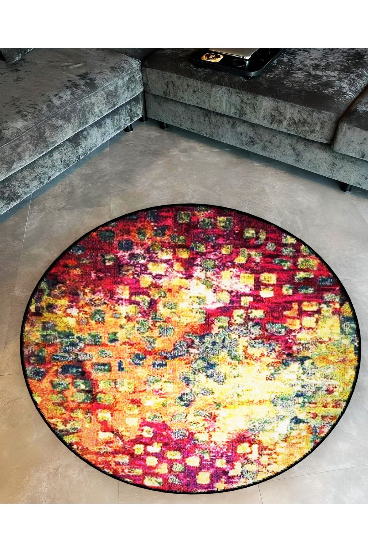 Çok Renkli Soyut Nokta Desenli Yuvarlak Dokuma Taban Modern Dekoratif Halı 6166