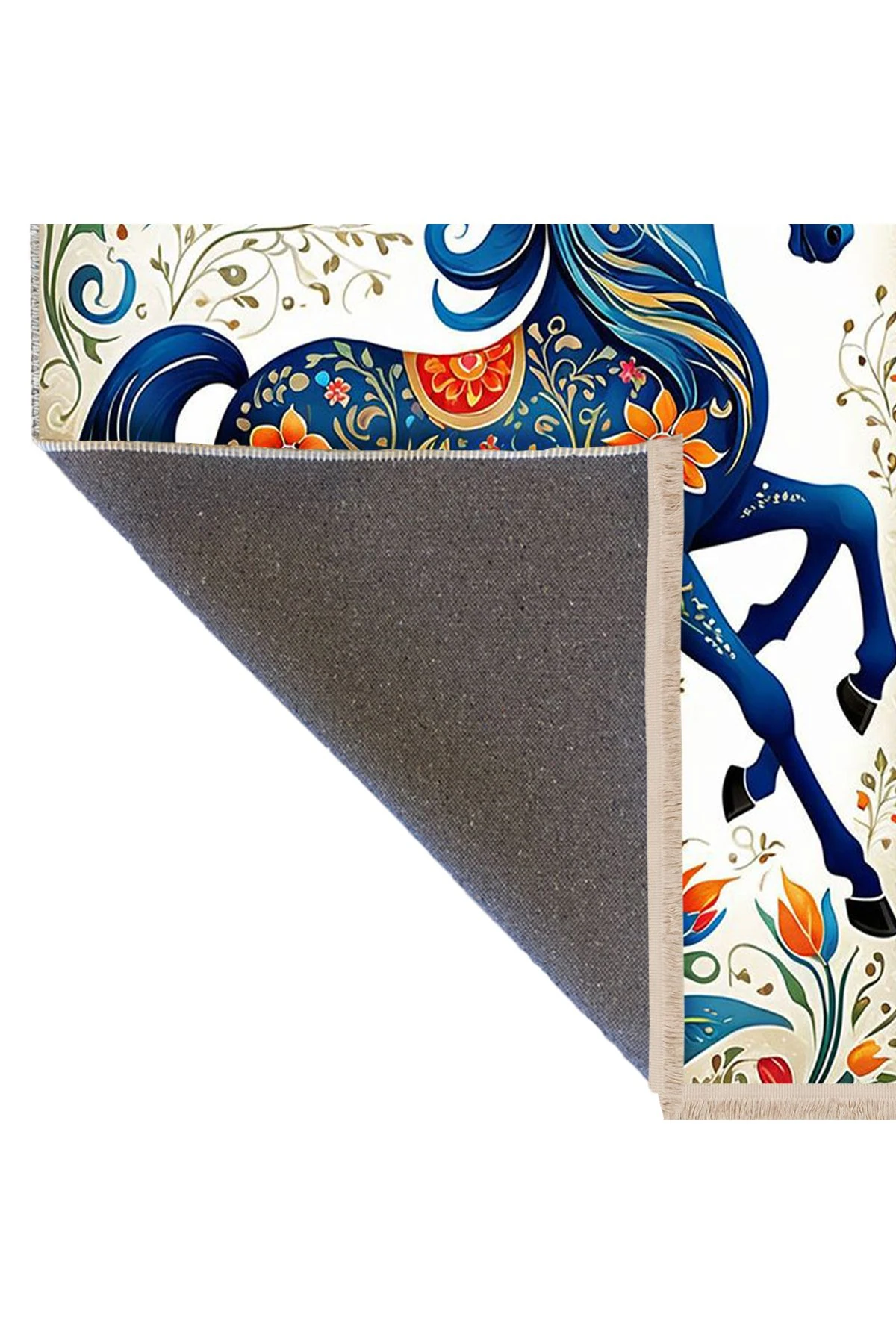 Özge Koleksiyonu Sarmaşık ve Çiçek Detaylı Mavi At Desenli Dokuma Taban Modern Dekoratif Halı özge11