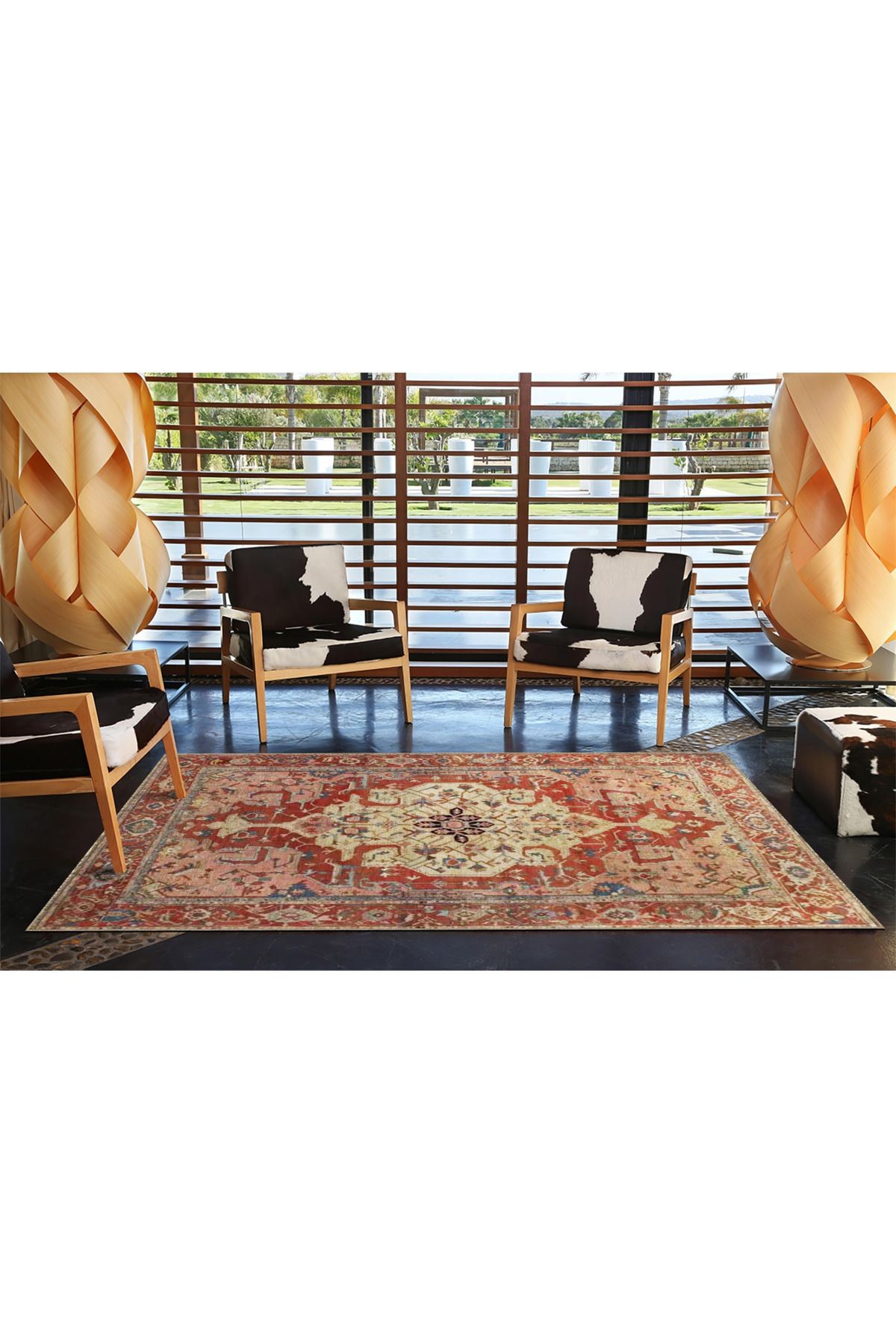 Bej Kırmızı Temalı Geleneksel Motif Desenli Vintage Dekoratif Halı 3825