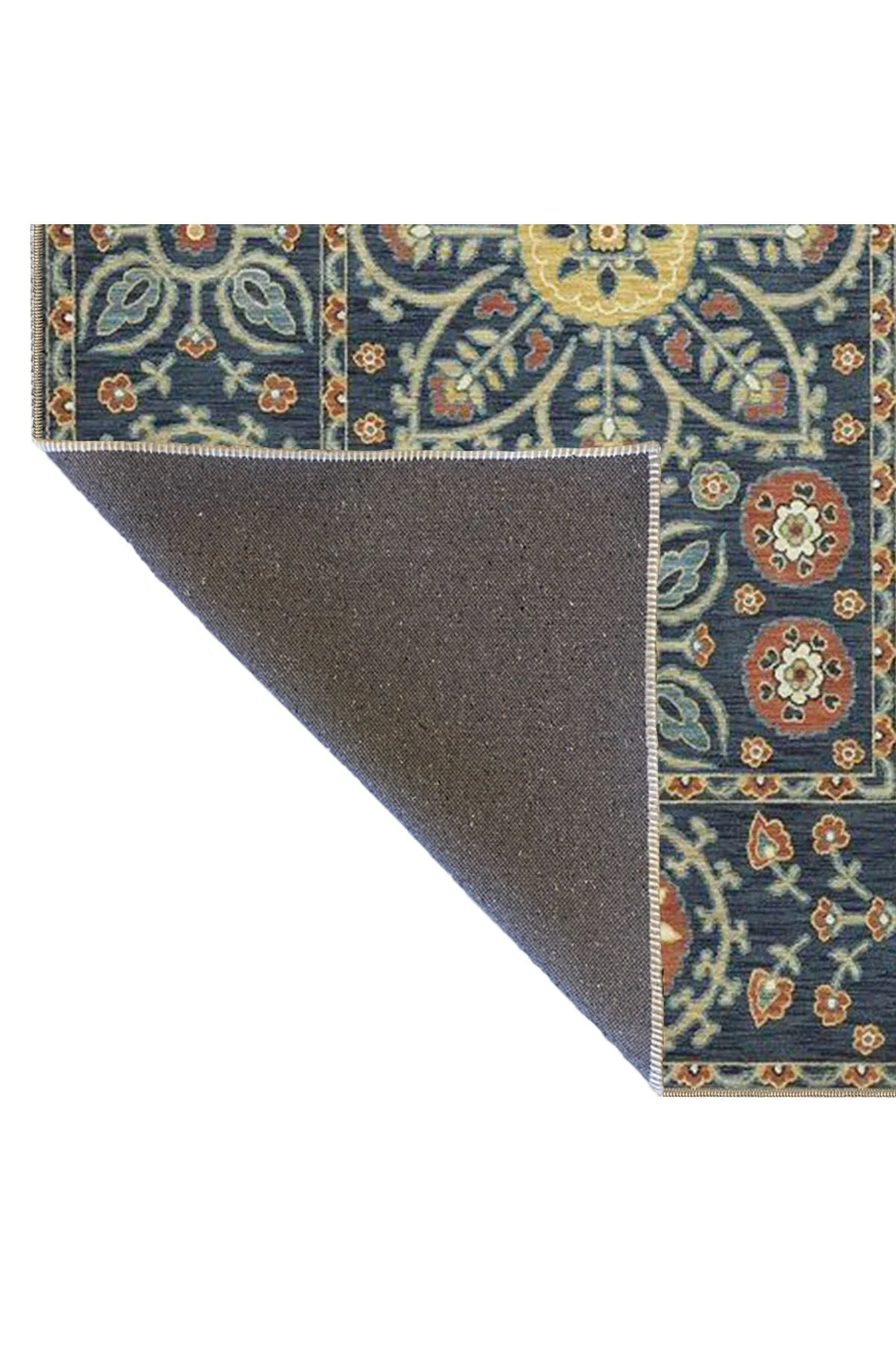 Lacivert Temalı Geleneksel Motif Etnik Çiçek Desenli Vintage Dekoratif Halı 3911